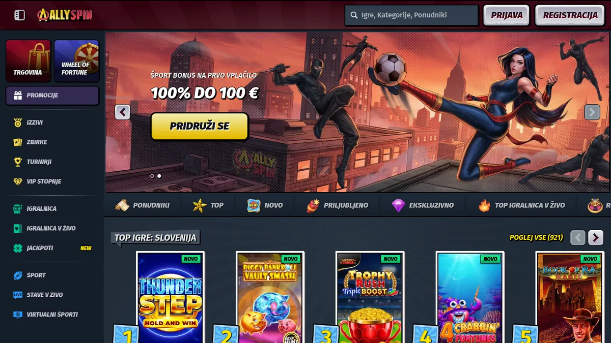 Vstopna stran AllySpin s stripovsko junakinjo in športnim bonusom 100 % do 100 €