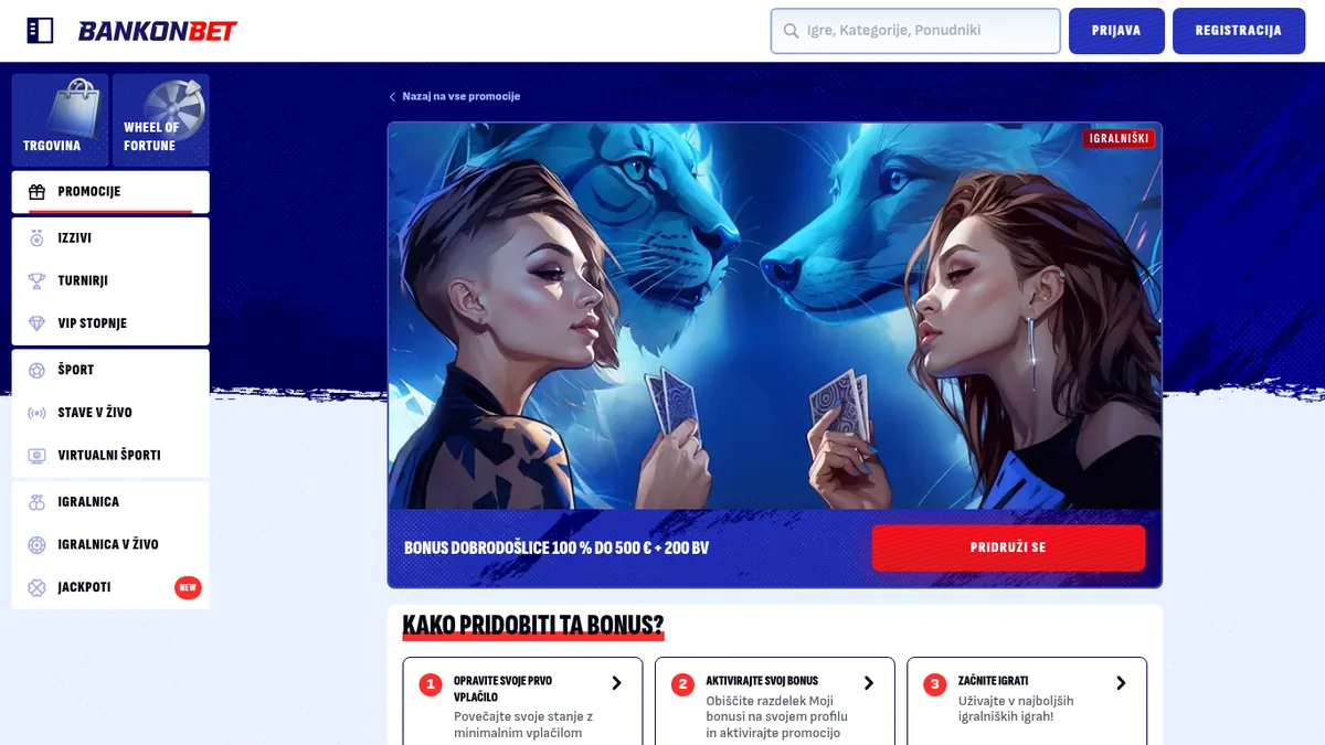 Stran akcije Bankonbet: bonus dobrodošlice 100 % do 500 € + 200 BV