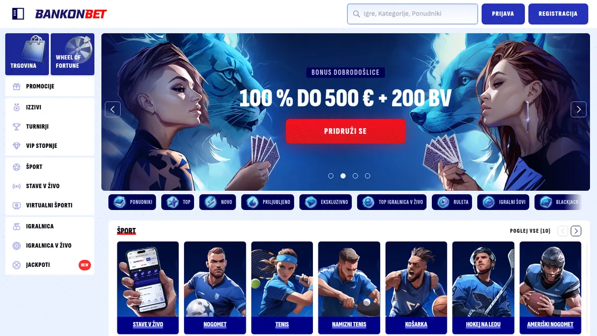 Vstopna stran Bankonbet z igralniškim bonusom 100 % do 500 € + 200 BV in športnim razdelkom