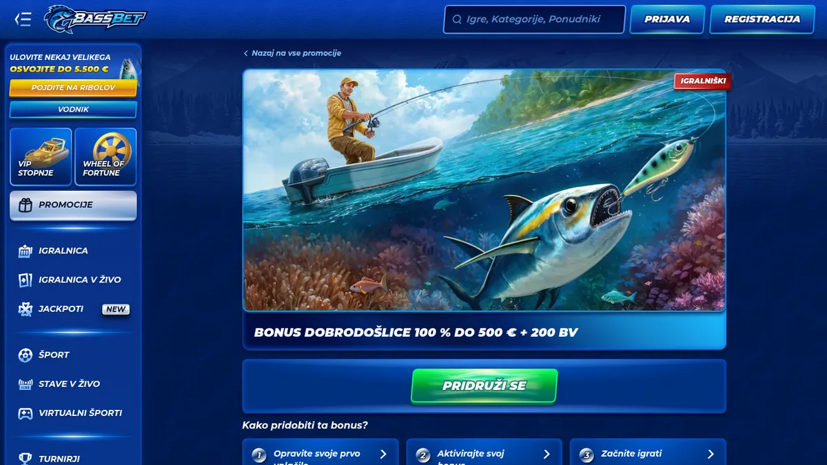 Stran akcije Bassbet: bonus dobrodošlice 100 % do 500 € + 200 BV s tremi koraki