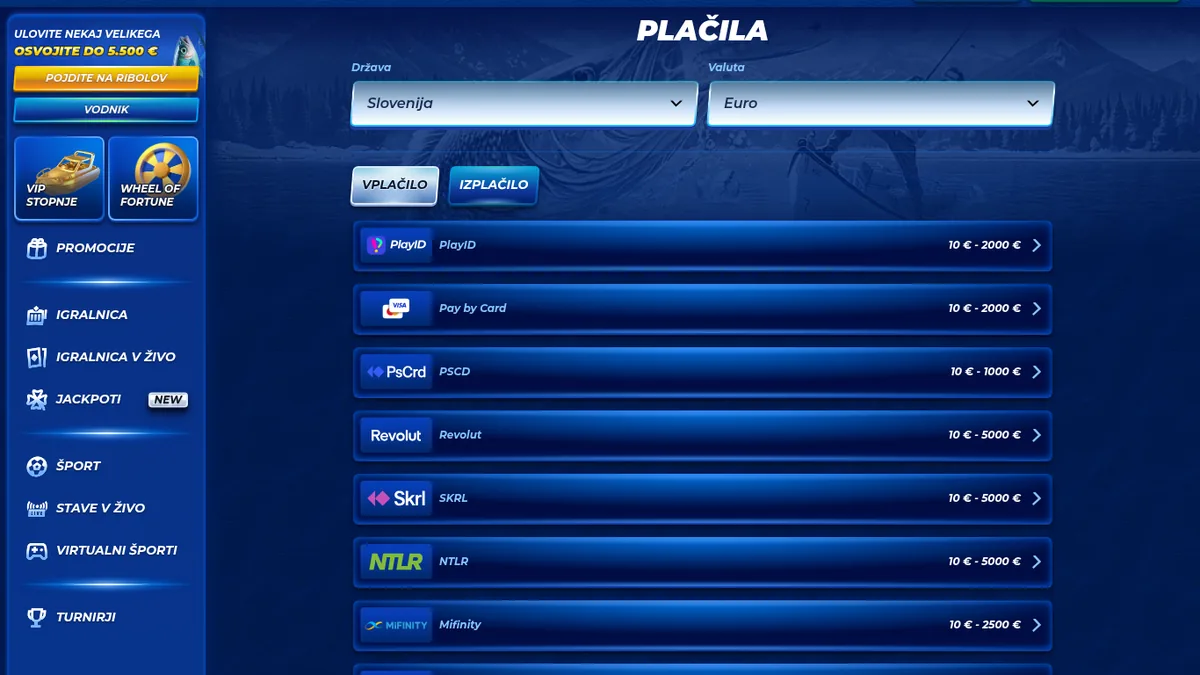 Blagajna Bassbet z izbrano Slovenijo, evrom in 19 načini plačila
