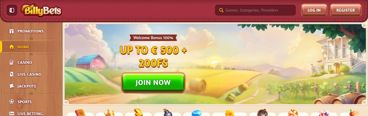 Vstopna stran BillyBets z bonusom dobrodošlice 100 % do 500 € in 200 brezplačnimi vrtljaji