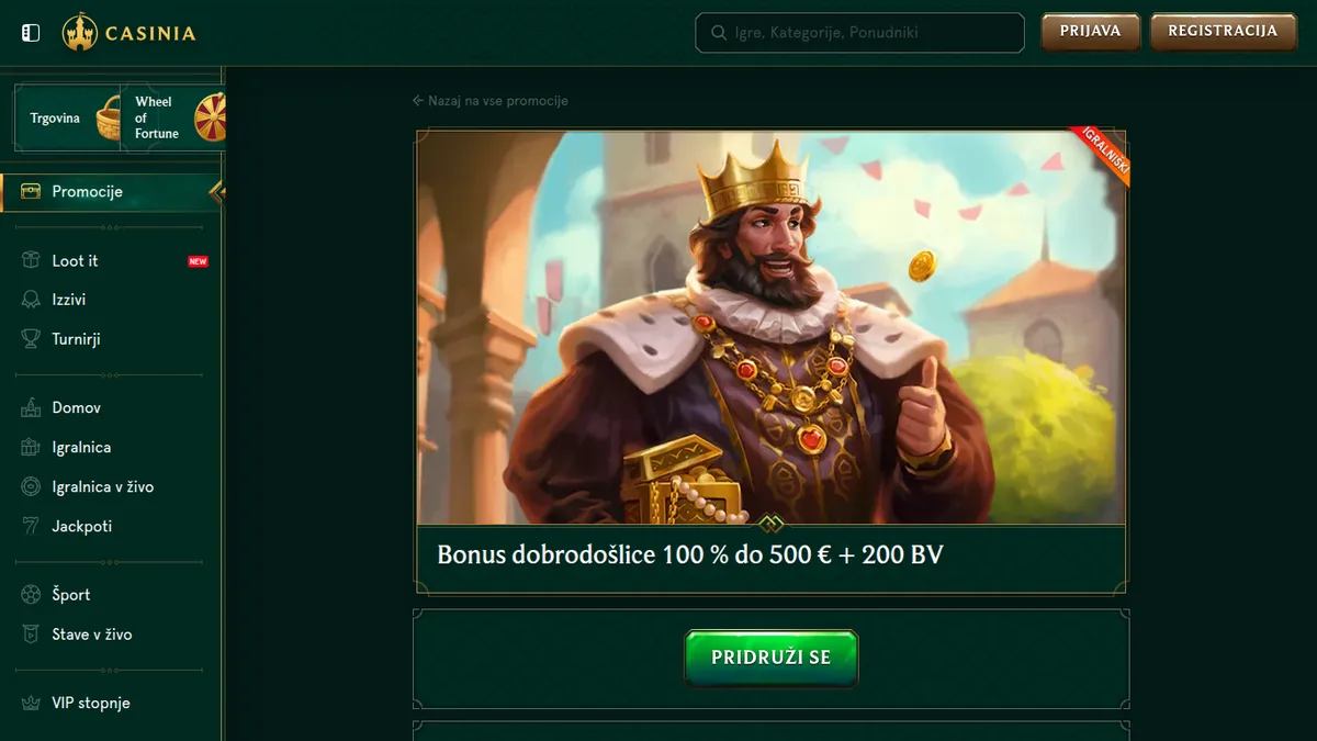 Stran akcije Casinia: bonus dobrodošlice 100 % do 500 € + 200 BV
