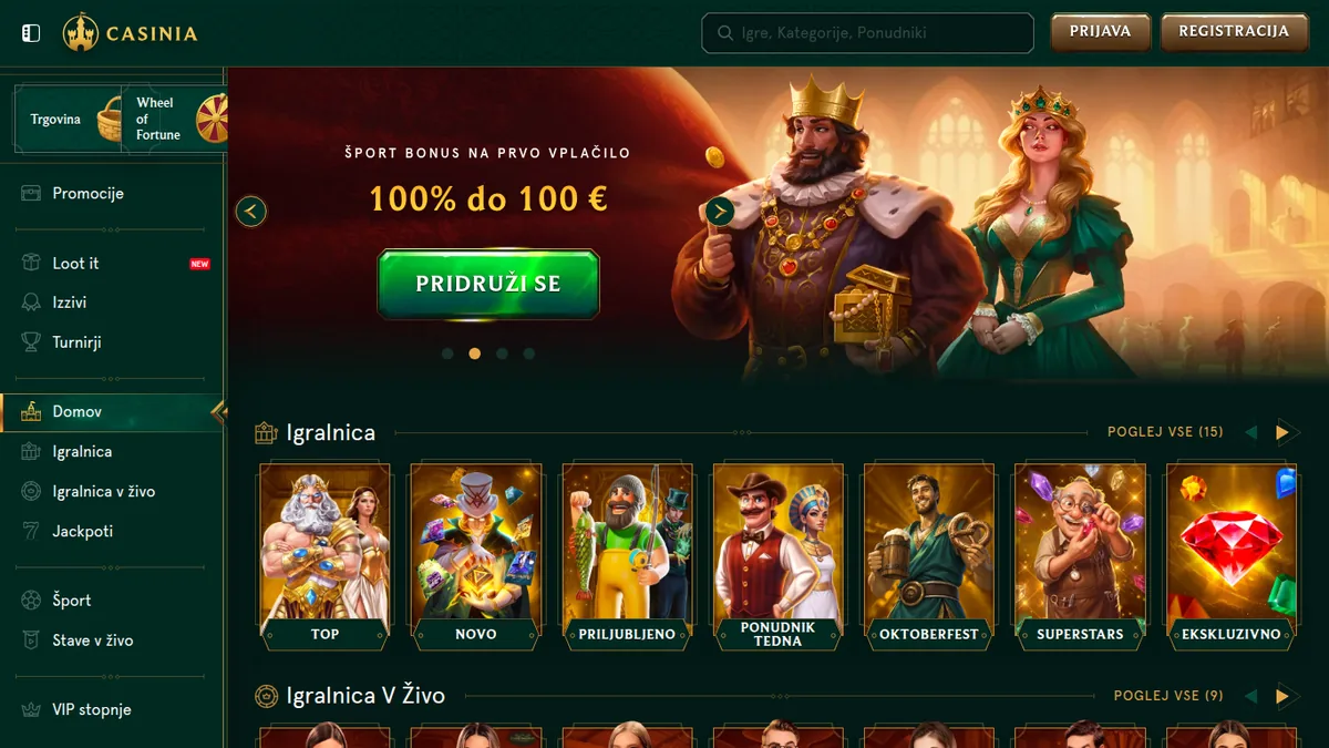 Vstopna stran Casinia s športnim bonusom 100 % do 100 € in kraljevskim parom na pasici