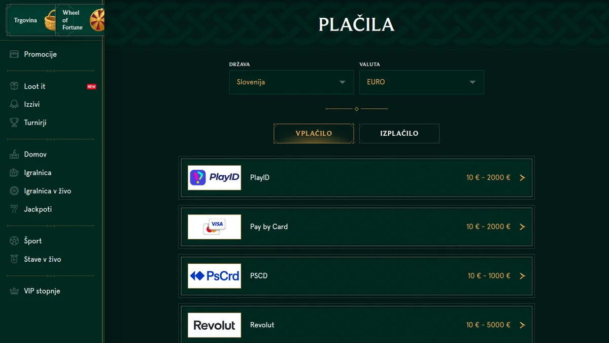 Blagajna Casinia z izbrano Slovenijo, evrom in 19 načini plačila