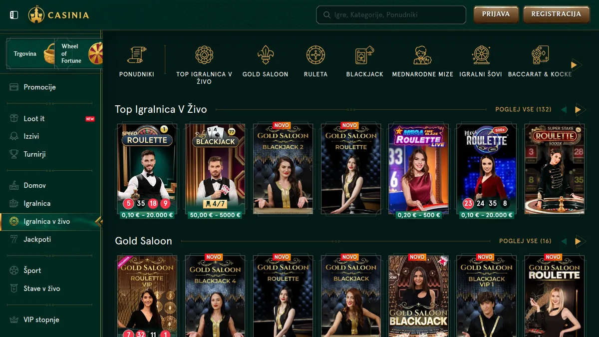 Igralnica v živo Casinia s 132 mizami in studiem Gold Saloon