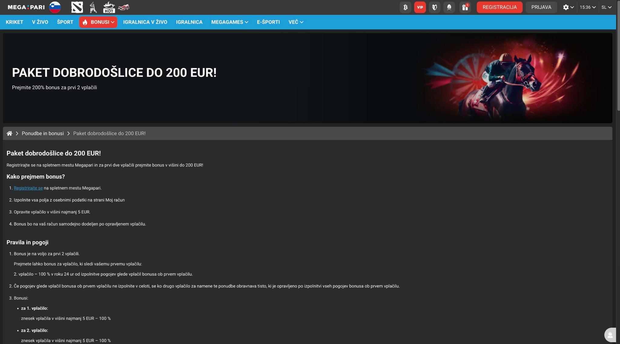 Megapari bonus dobrodošlice za nove igralce