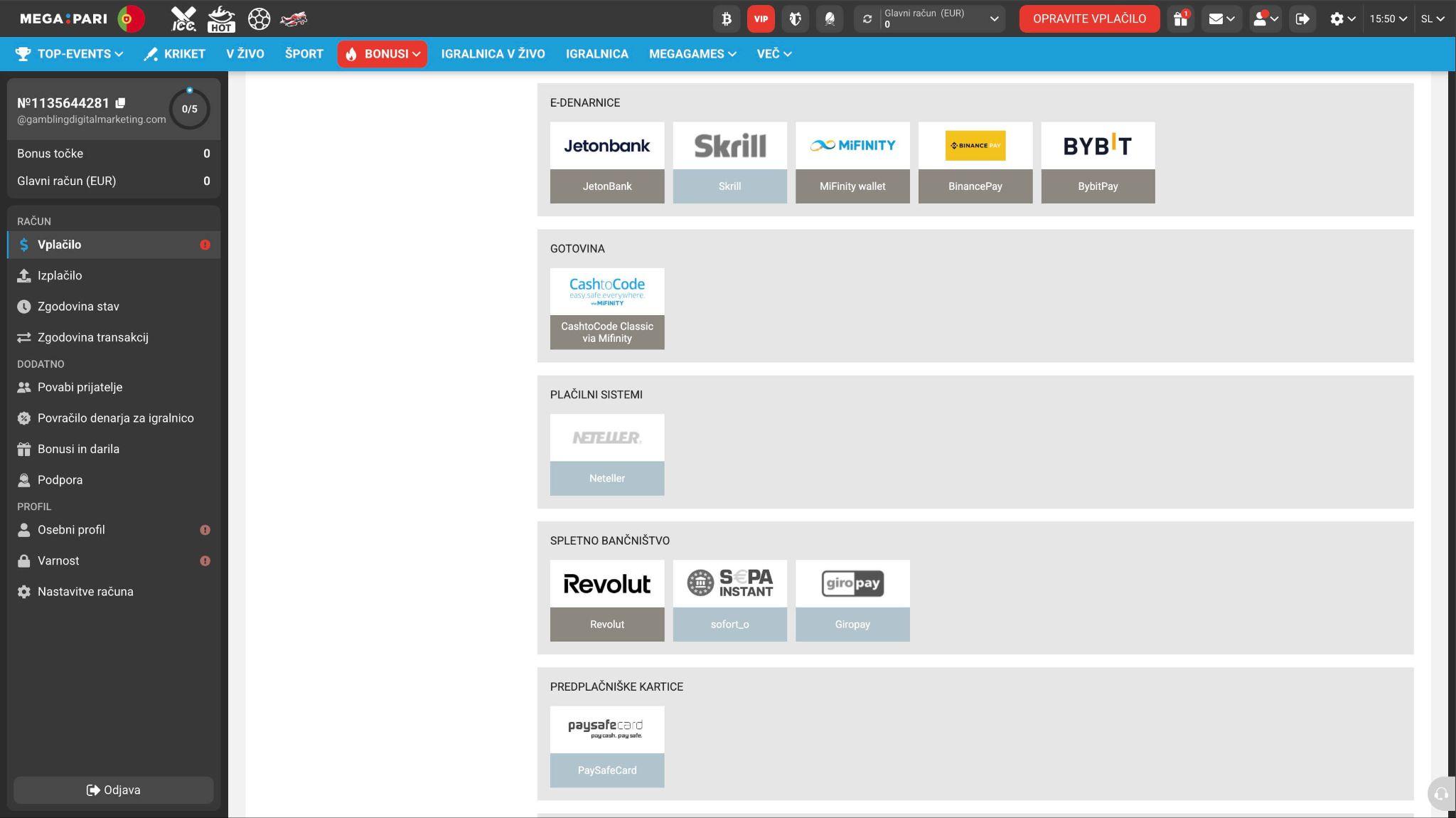 Skrill med plačilnimi metodami pri Megapari