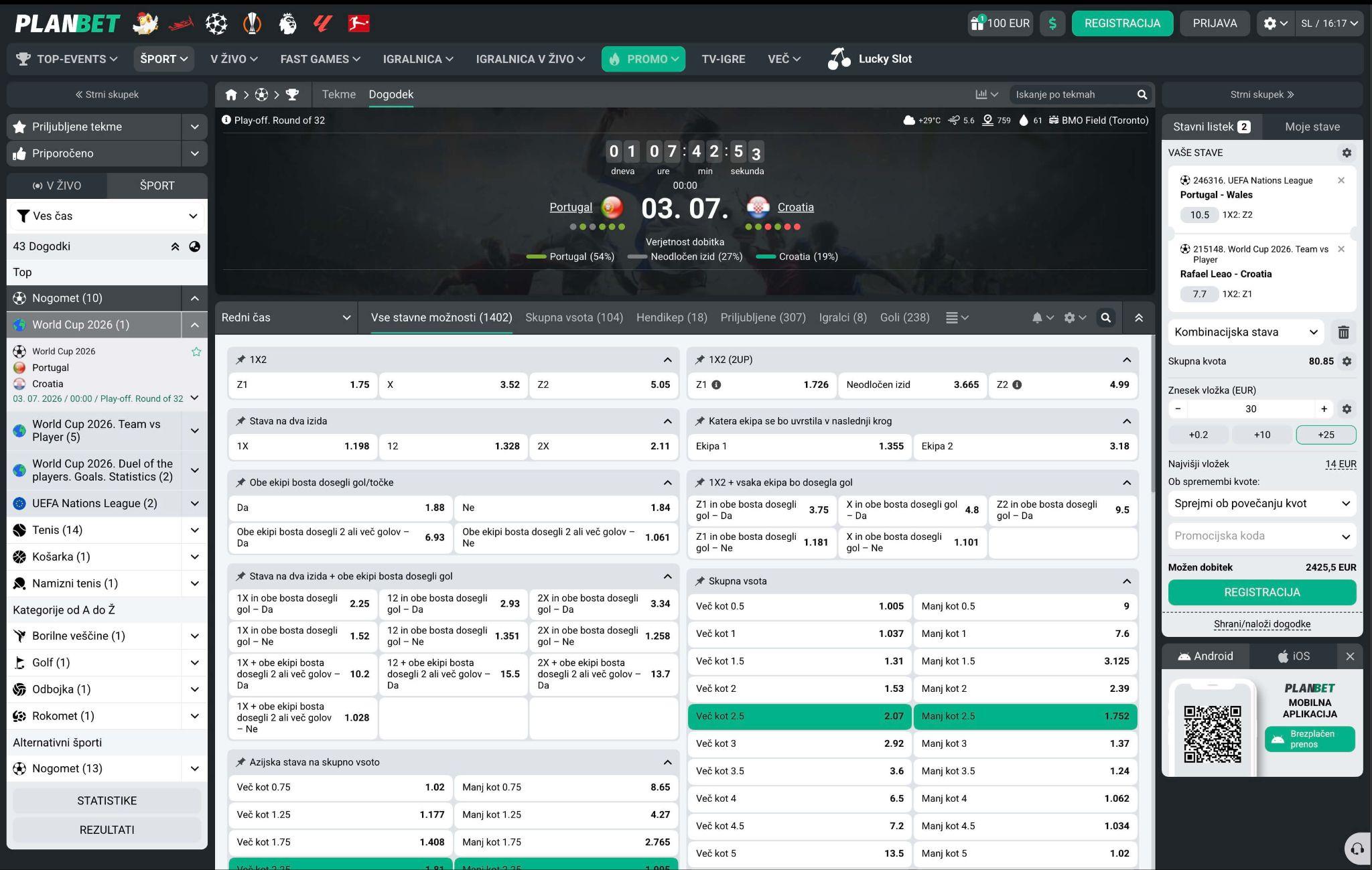 Planbet ponudba enojnih stav z 1X2, over under in BTTS trgi