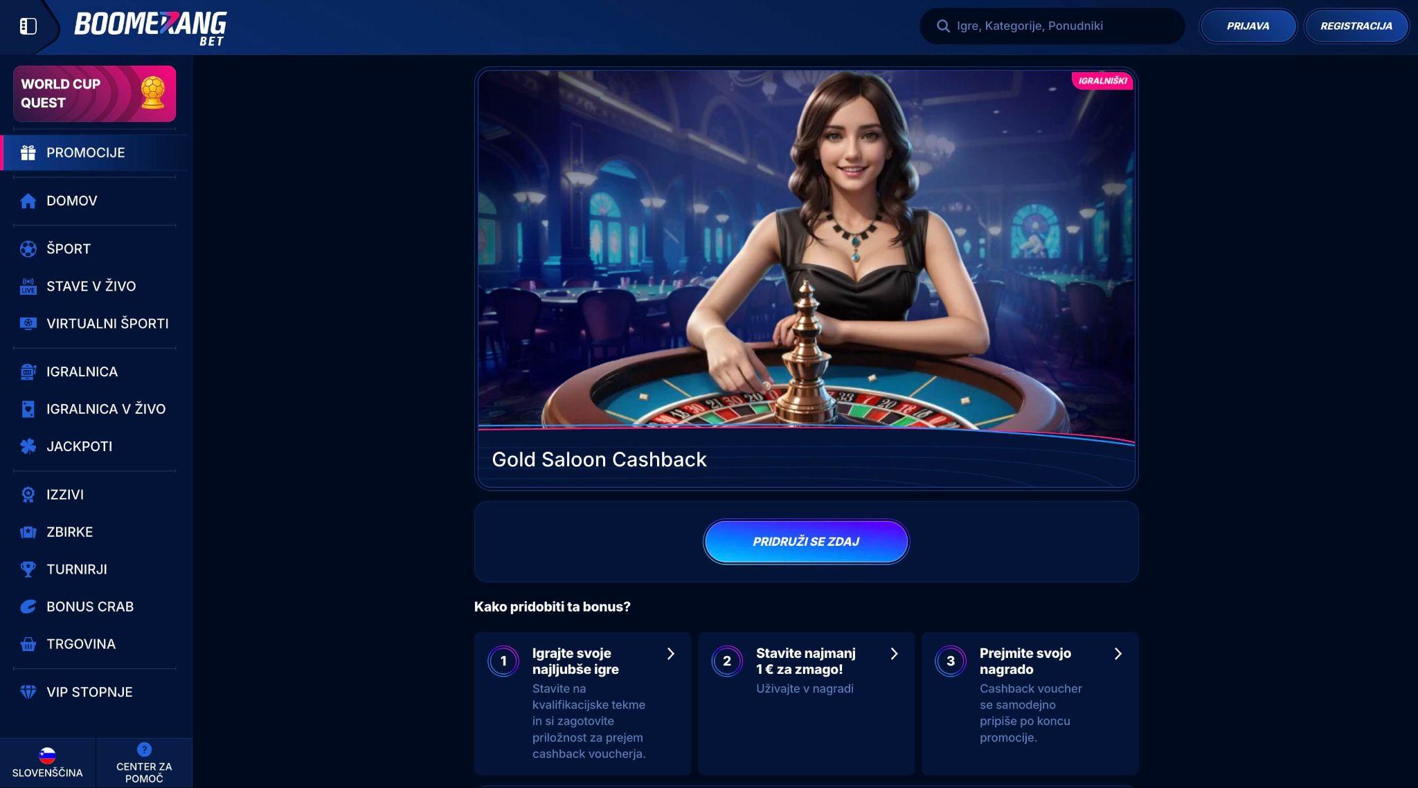Boomerang Bet Gold Saloon Cashback promocija za igralce v Sloveniji.