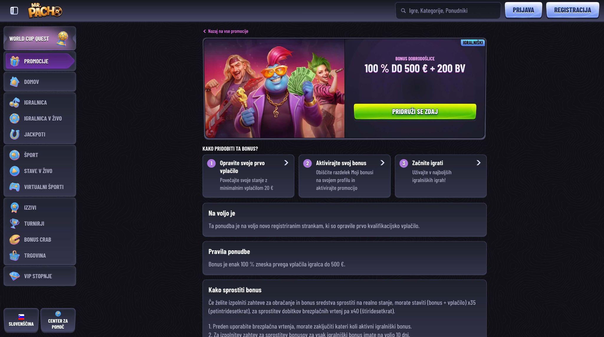 Mr. Pacho bonus dobrodošlice z do 500 € in 200 Brezplačnimi Vrtljaji za igralce v Sloveniji