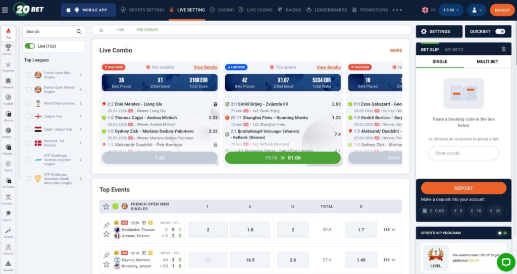 20Bet platforma za stave v živo v Sloveniji z live kvotami, mobilnim vmesnikom in športnimi trgi v realnem času