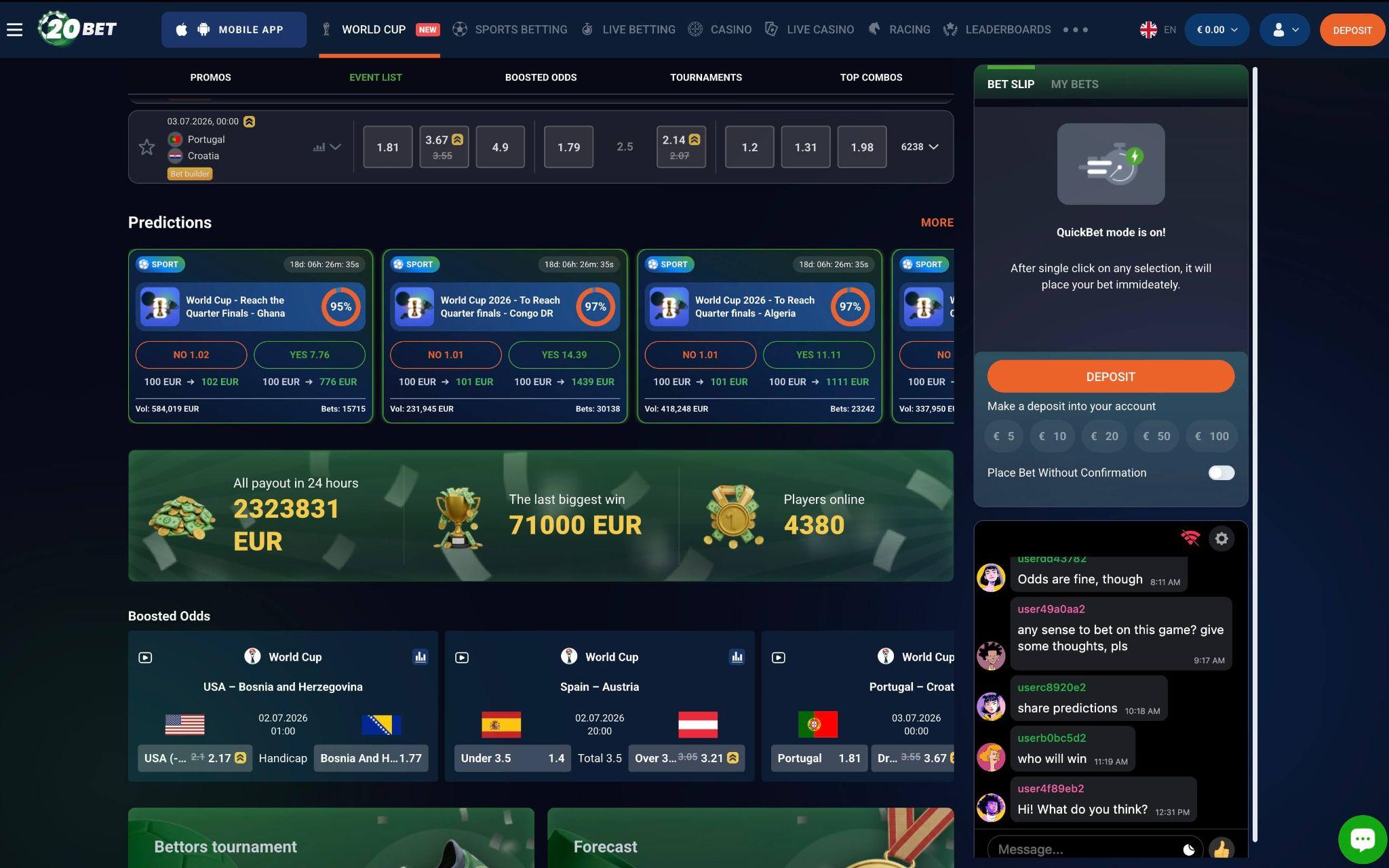 20Bet stavni trgi, napovedi in stavni listek za različne vrste stav