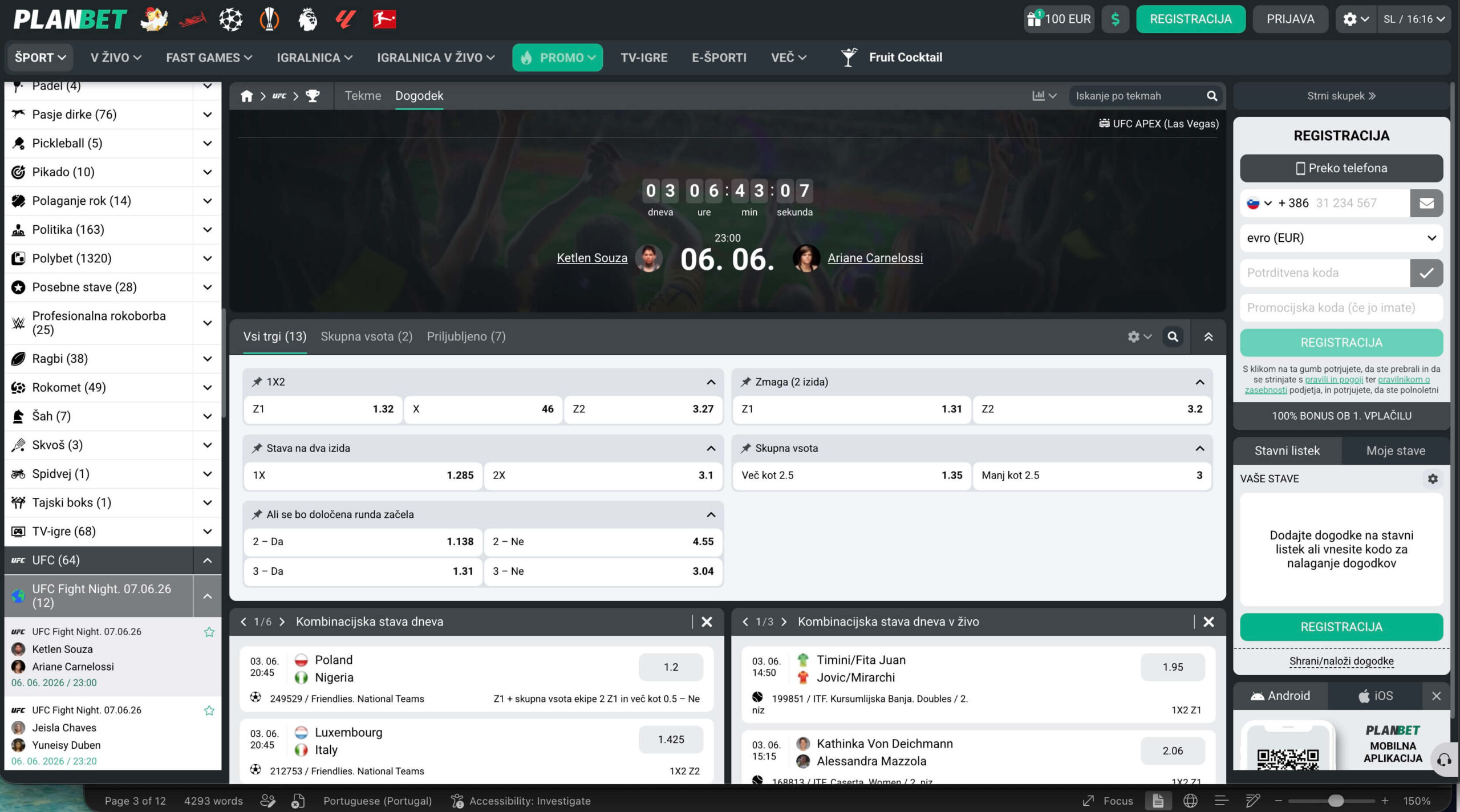 Betlabel MMA in UFC stave s kvotami za borbe, skupno število rund in stave na zmagovalca dvoboja