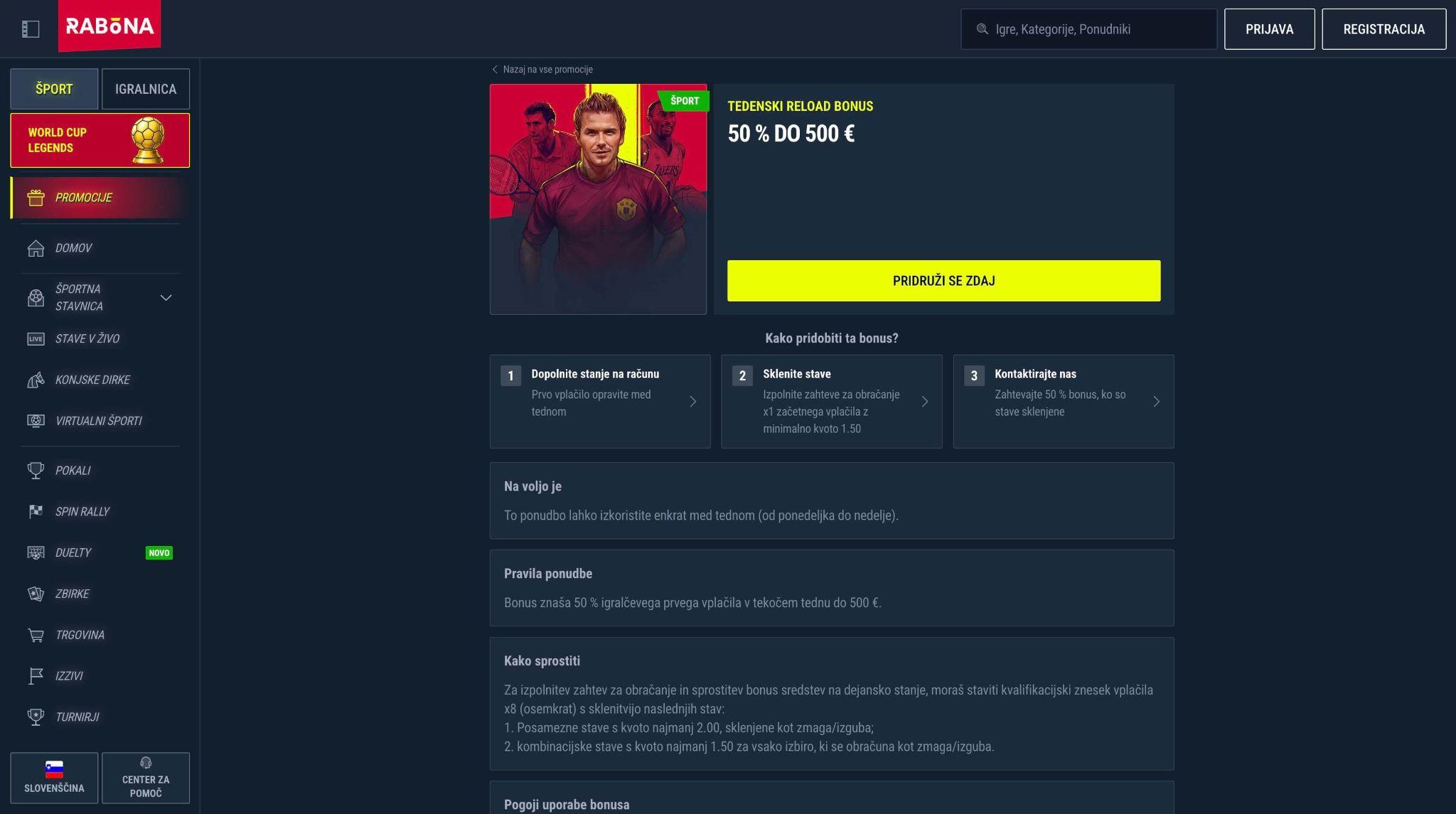 Rabona tedenski reload bonus 50 odstotkov do 500 evrov za slovenske igralce