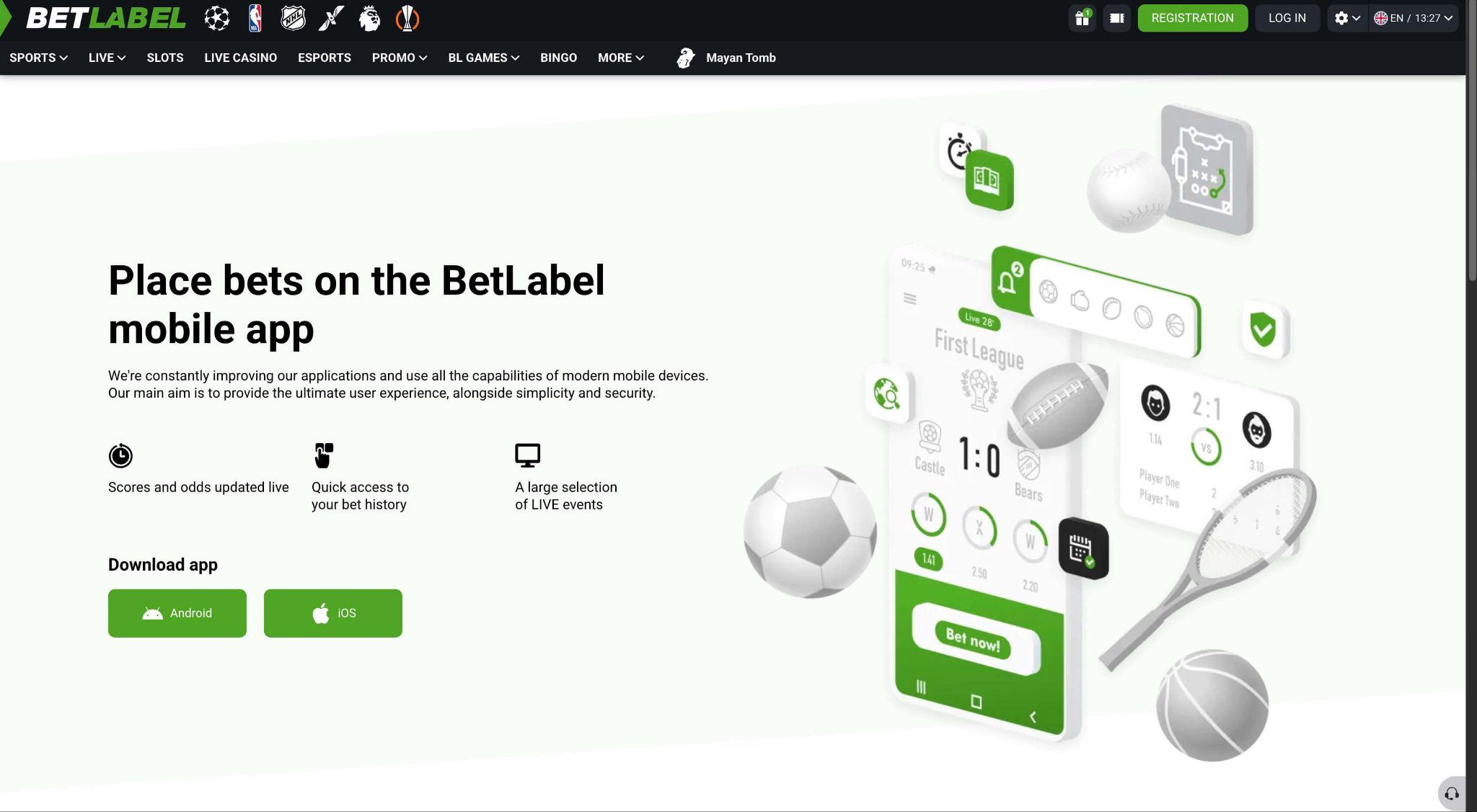 BetLabel mobilna aplikacija za Android in iOS z dostopom do športnih stav v živo, sprotnih kvot, zgodovine stav in mobilnega igranja