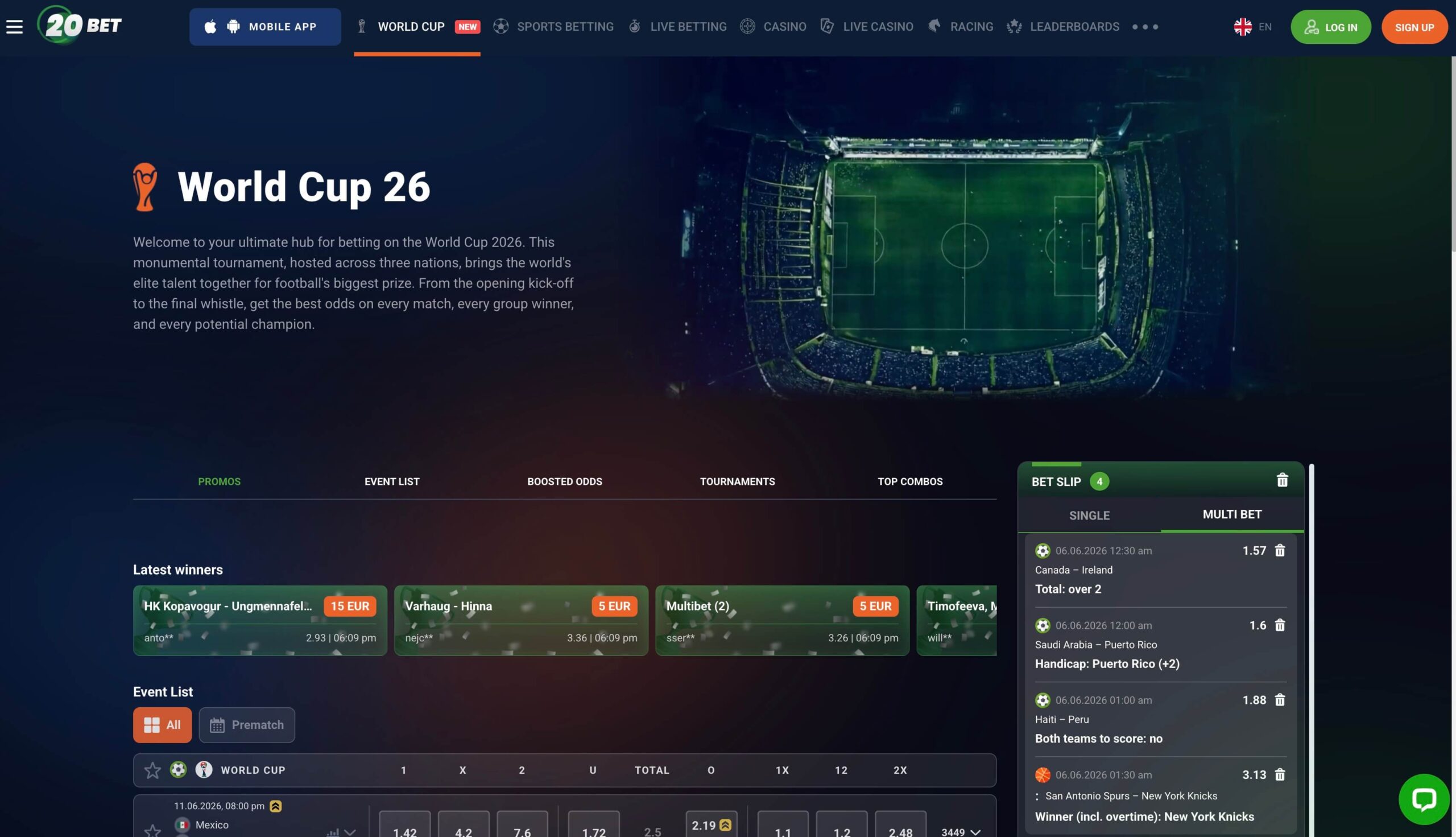 20Bet FIFA 2026 z bonusi, kvotami in stavami na svetovno prvenstvo