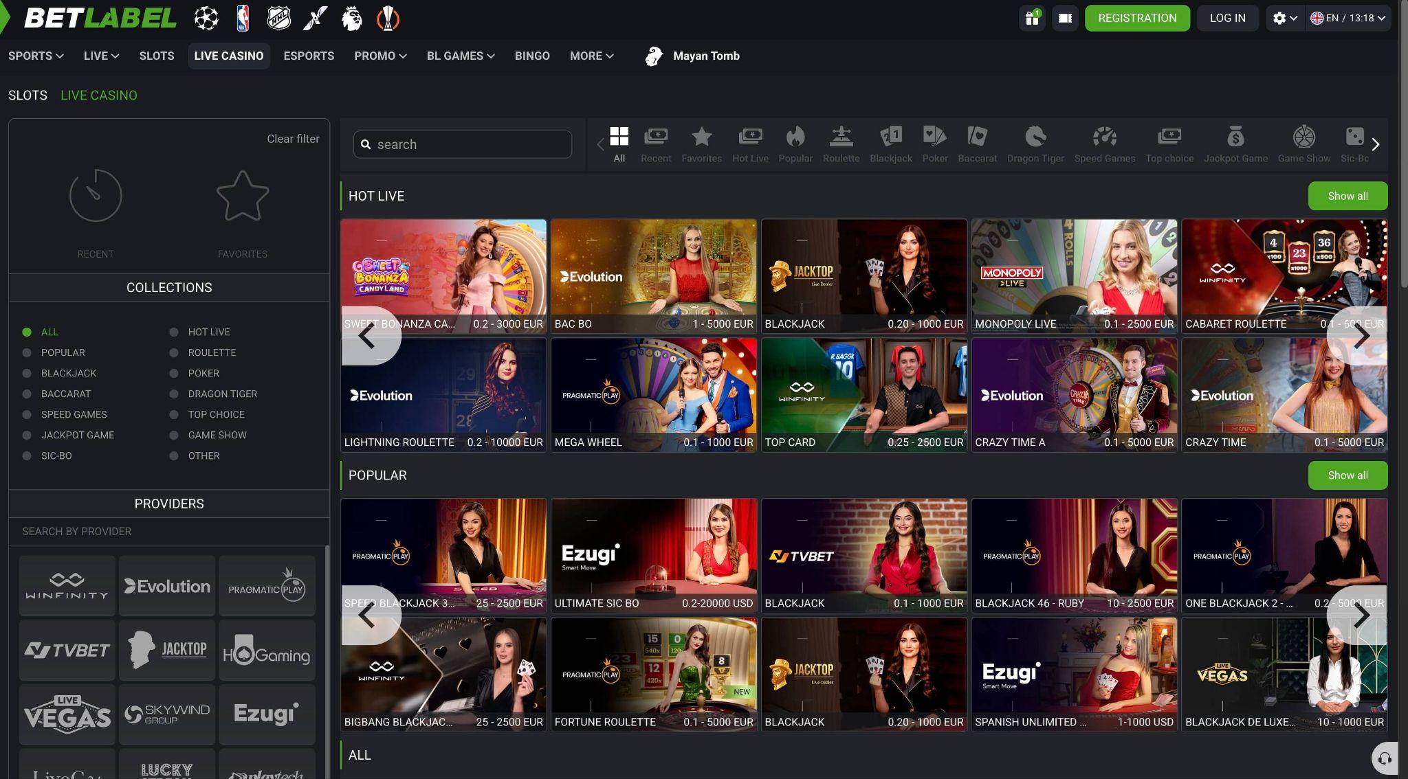 BetLabel live casino z Evolution, Pragmatic Play in blackjack igrami v živo za mobilne in desktop uporabnike