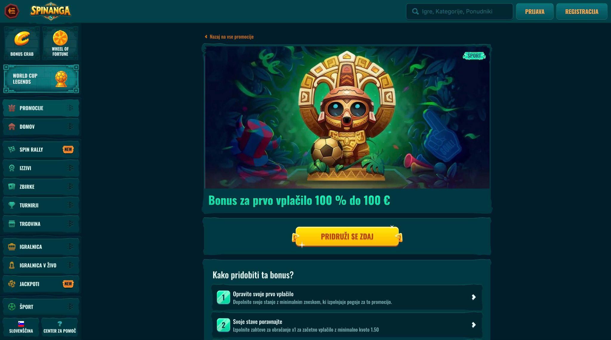 Športni bonus za prvo vplačilo pri Spinanga