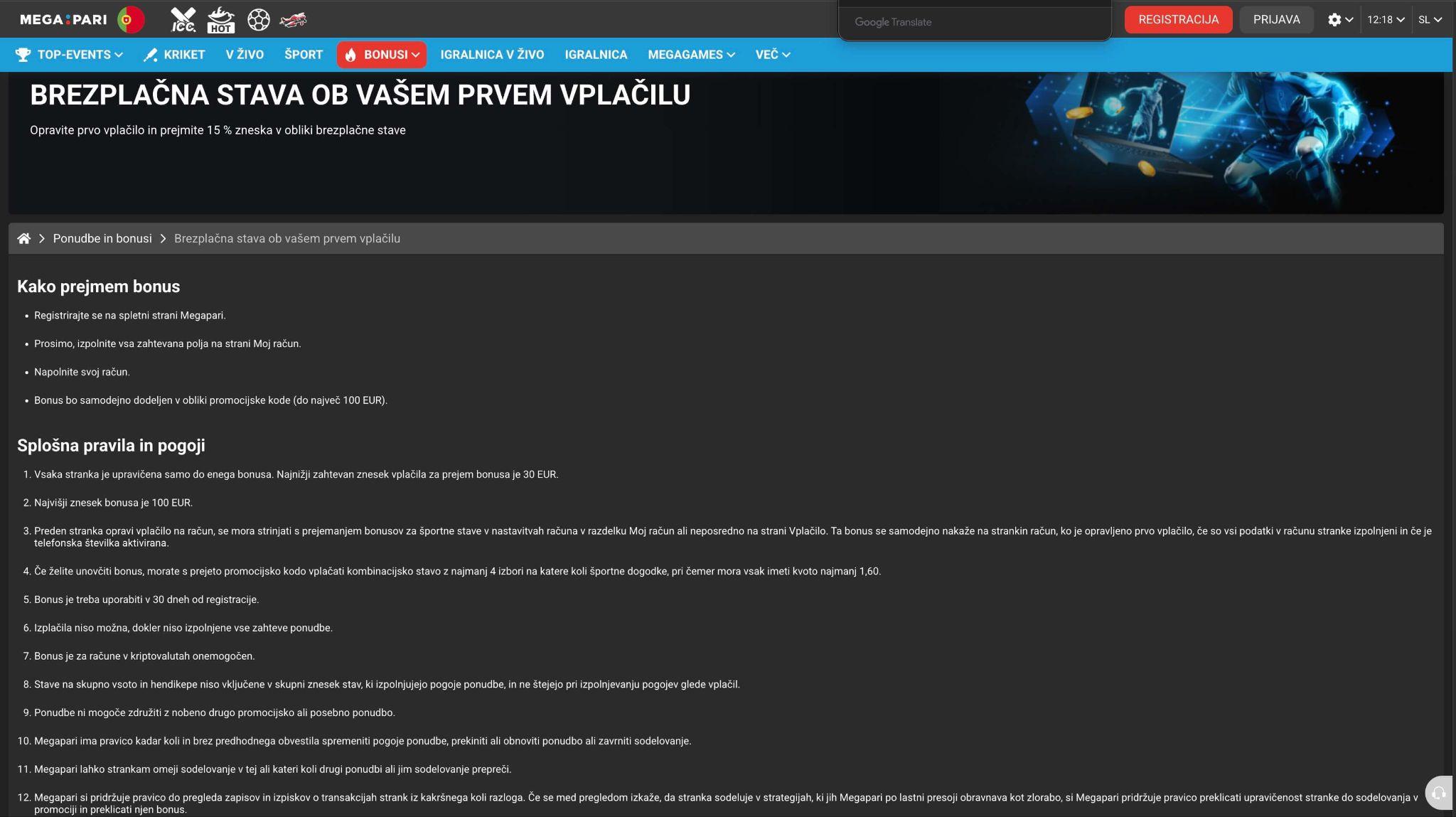 Brezplačna stava in pogoji dobrodošličnega bonusa pri Megapari