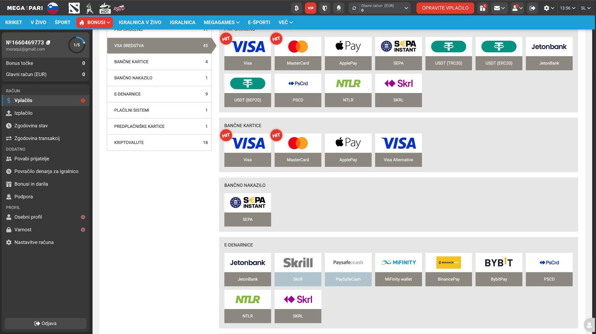 Megapari načini plačila z Visa Skrill SEPA in kriptovalutami
