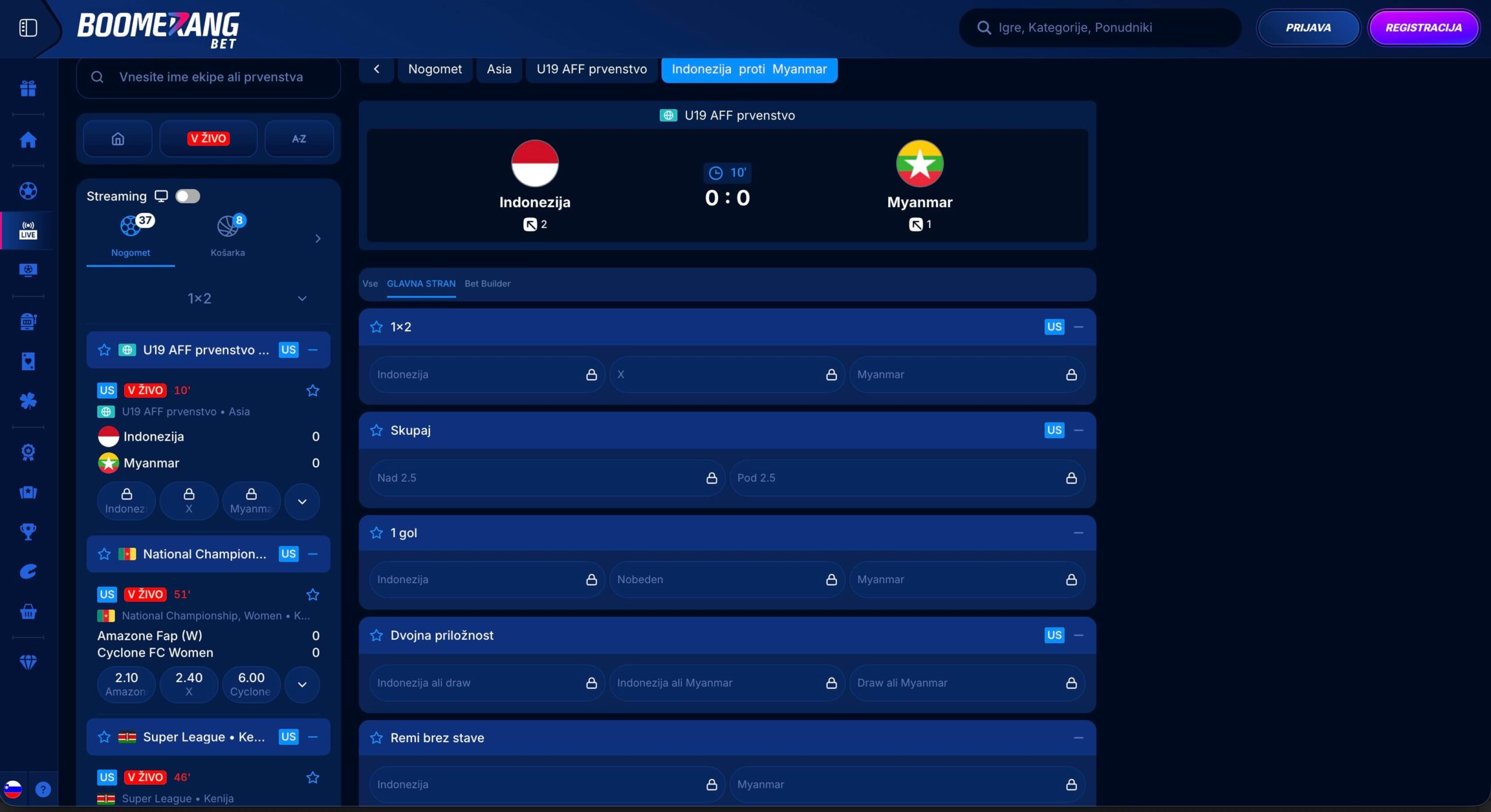 Boomerang Bet vmesnik za nogometne stave v živo s prikazom rezultatov in ključnih trgov.