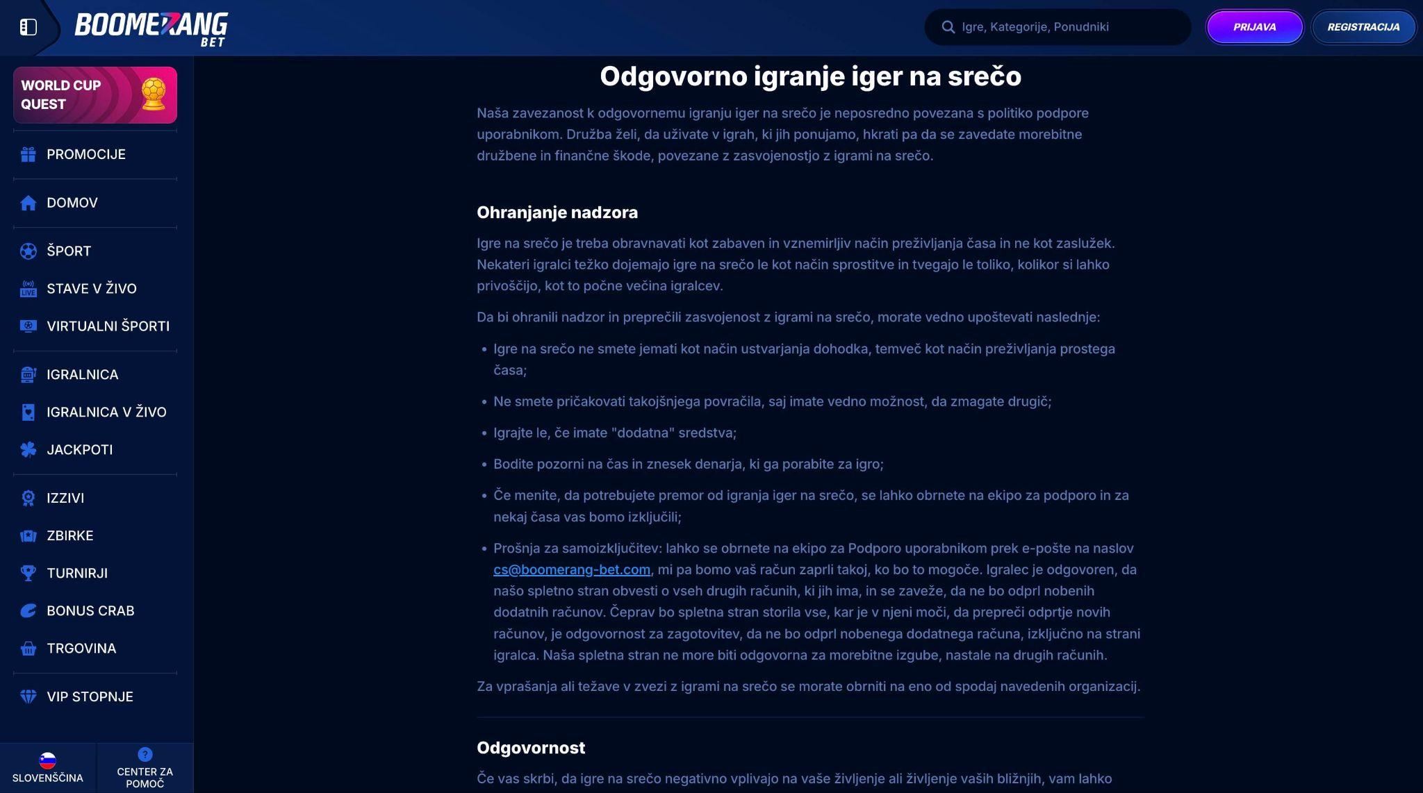 Boomerang Bet odgovorno igranje in nastavitve za nadzor porabe igralcev