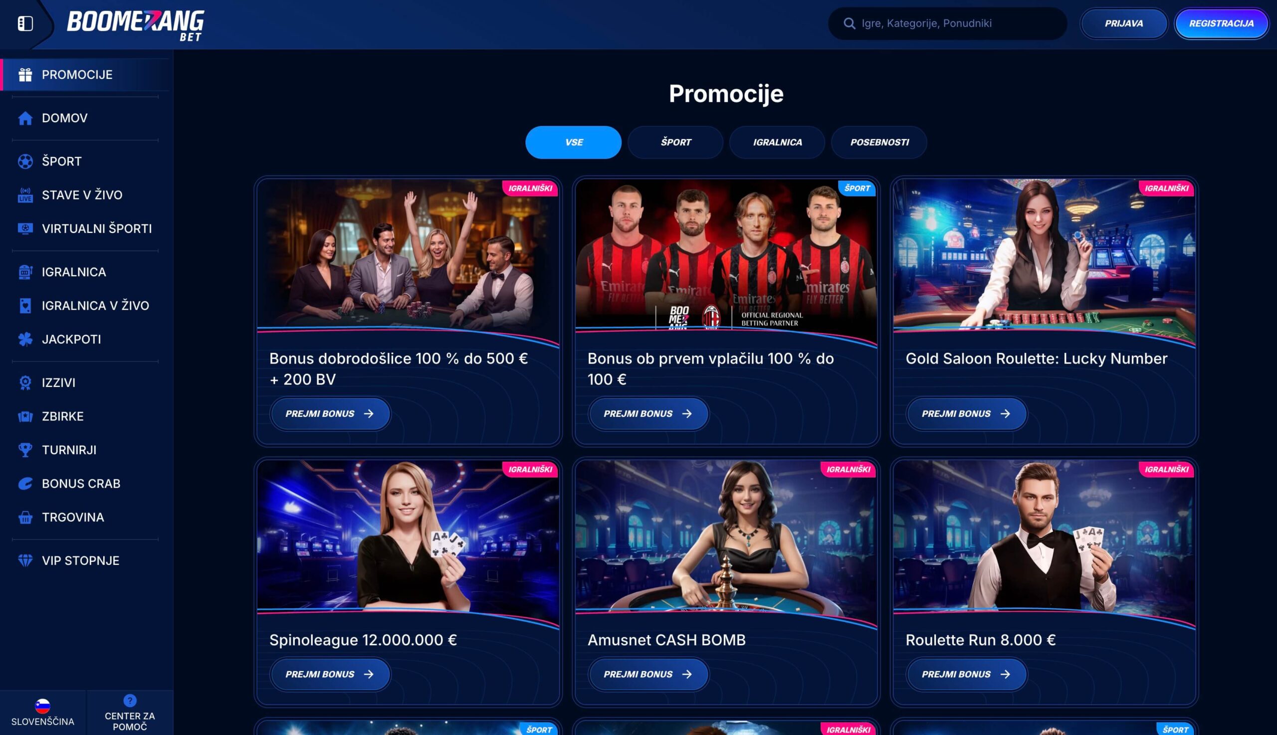 Boomerang Bet bonusi in promocije za športne stave ter casino v Sloveniji