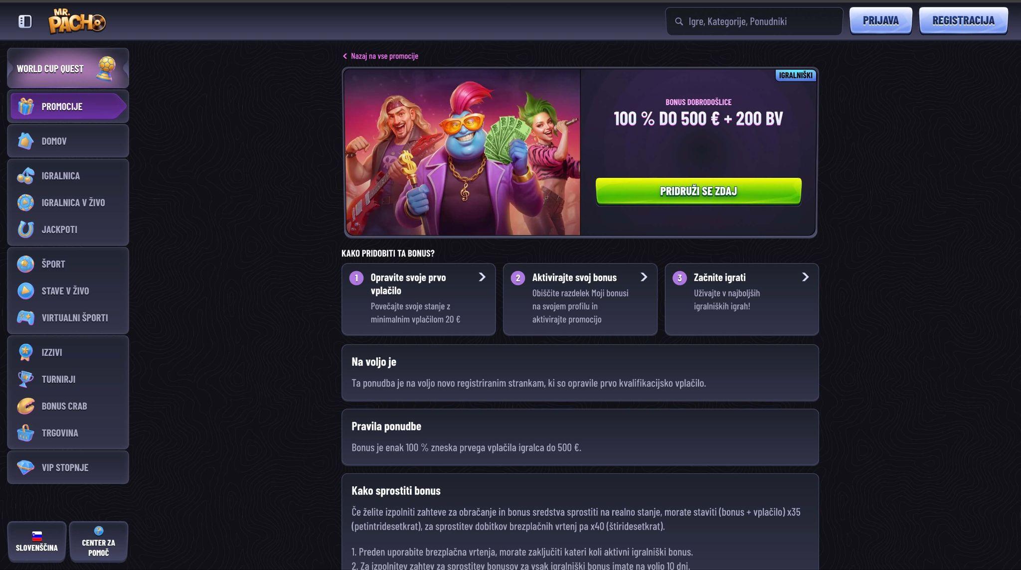 Bonus dobrodošlice pri Mr. Pacho Casino z brezplačnimi vrtljaji