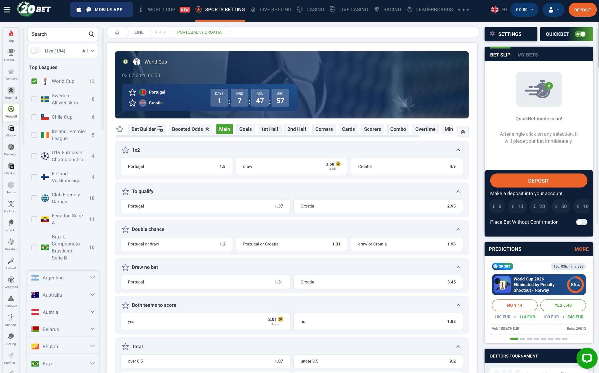 20Bet trgi za enojne stave z možnostmi 1X2, BTTS in skupnim številom golov