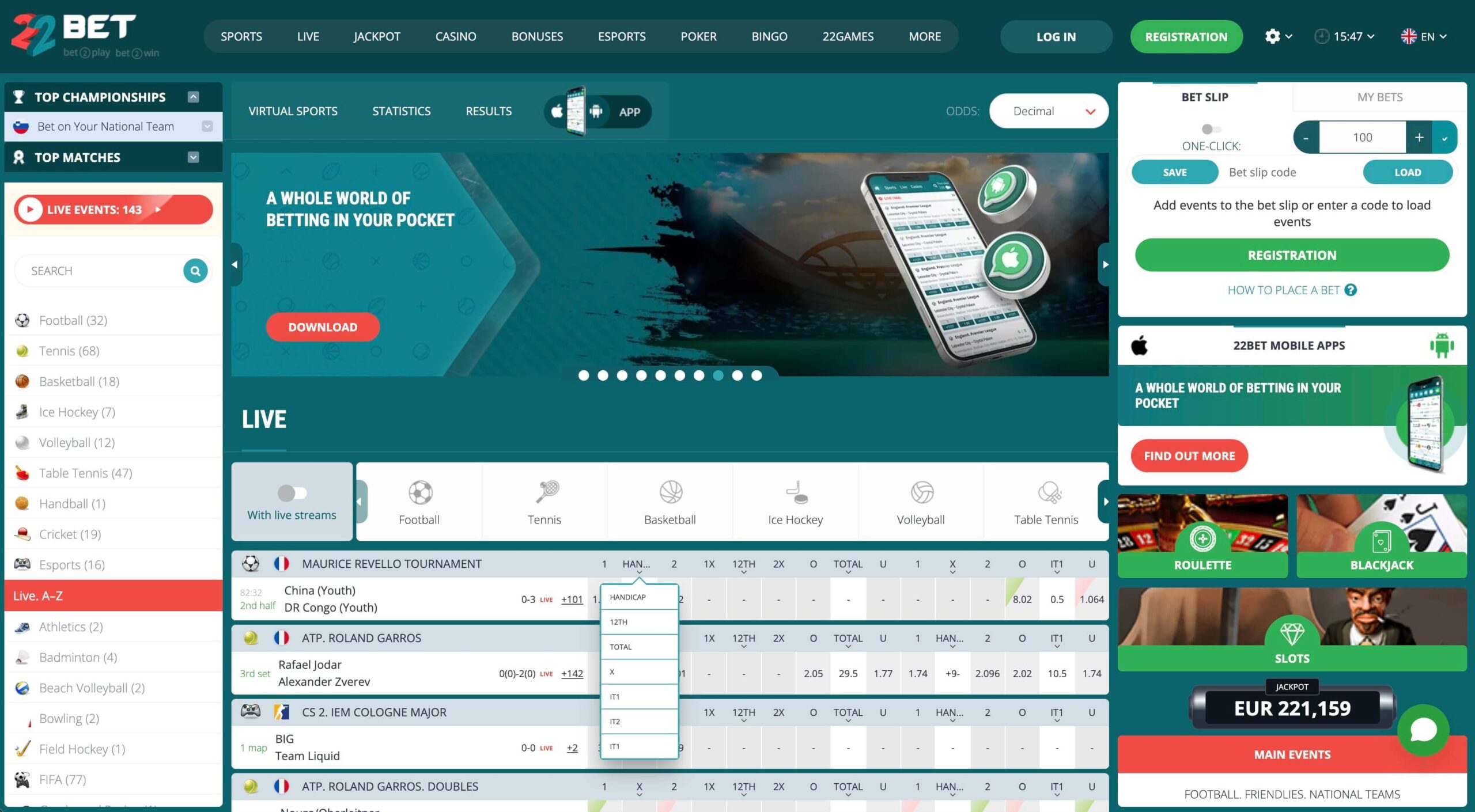 22Bet mobilna aplikacija za azijski hendikep in stave v živo