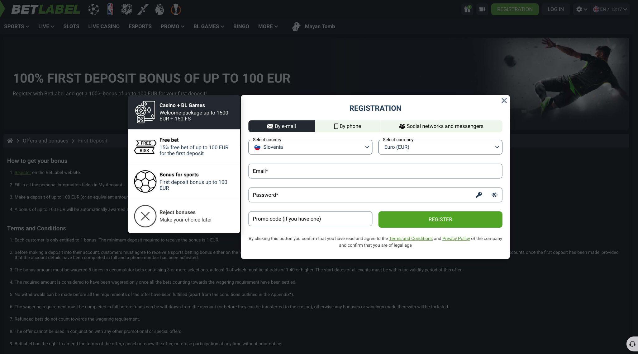 Postopek registracije pri BetLabel z izbiro države, e-pošte, valute in aktivacijo bonus ponudbe