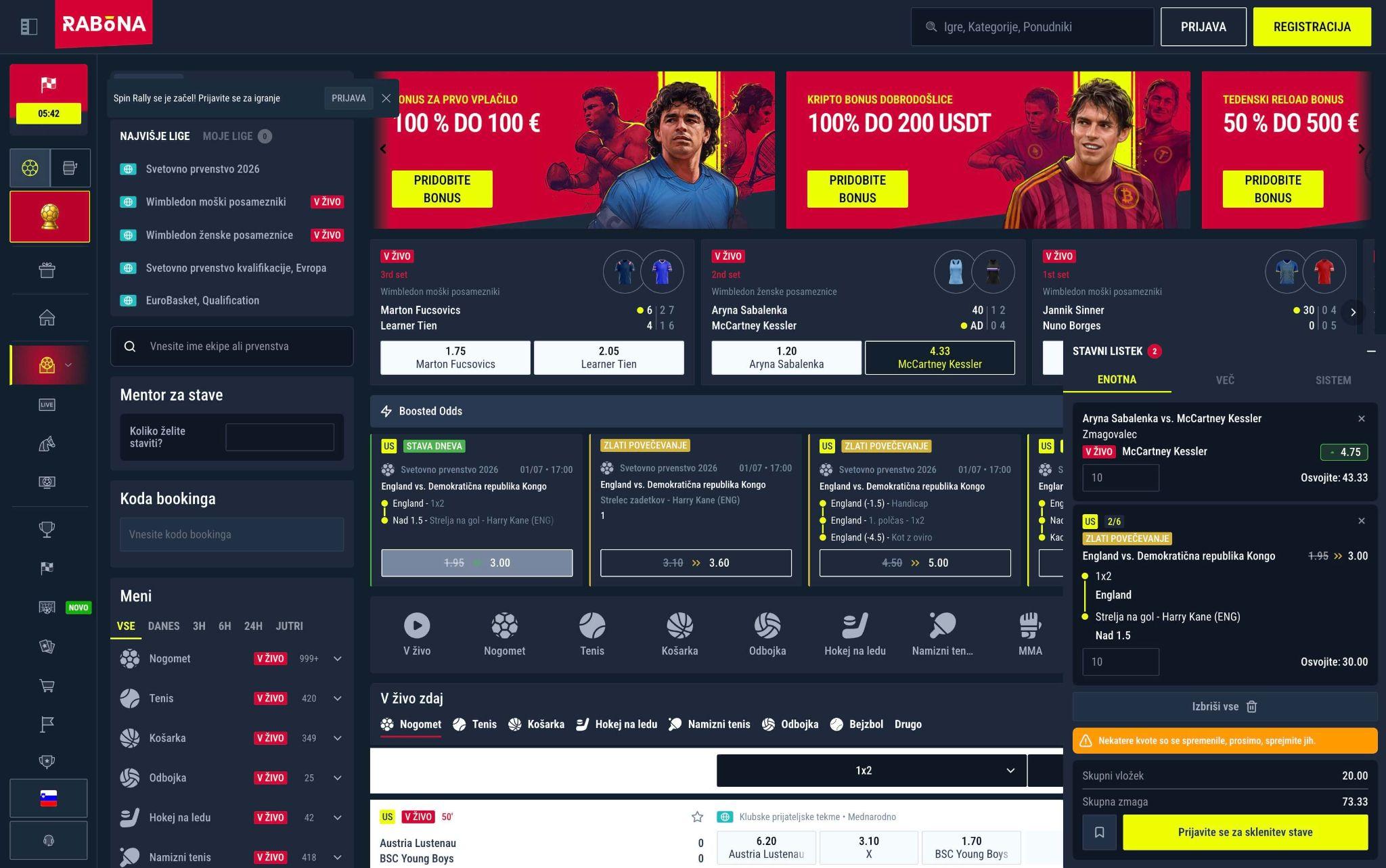Rabona ponudba live stav in kombiniranih stavnih listkov