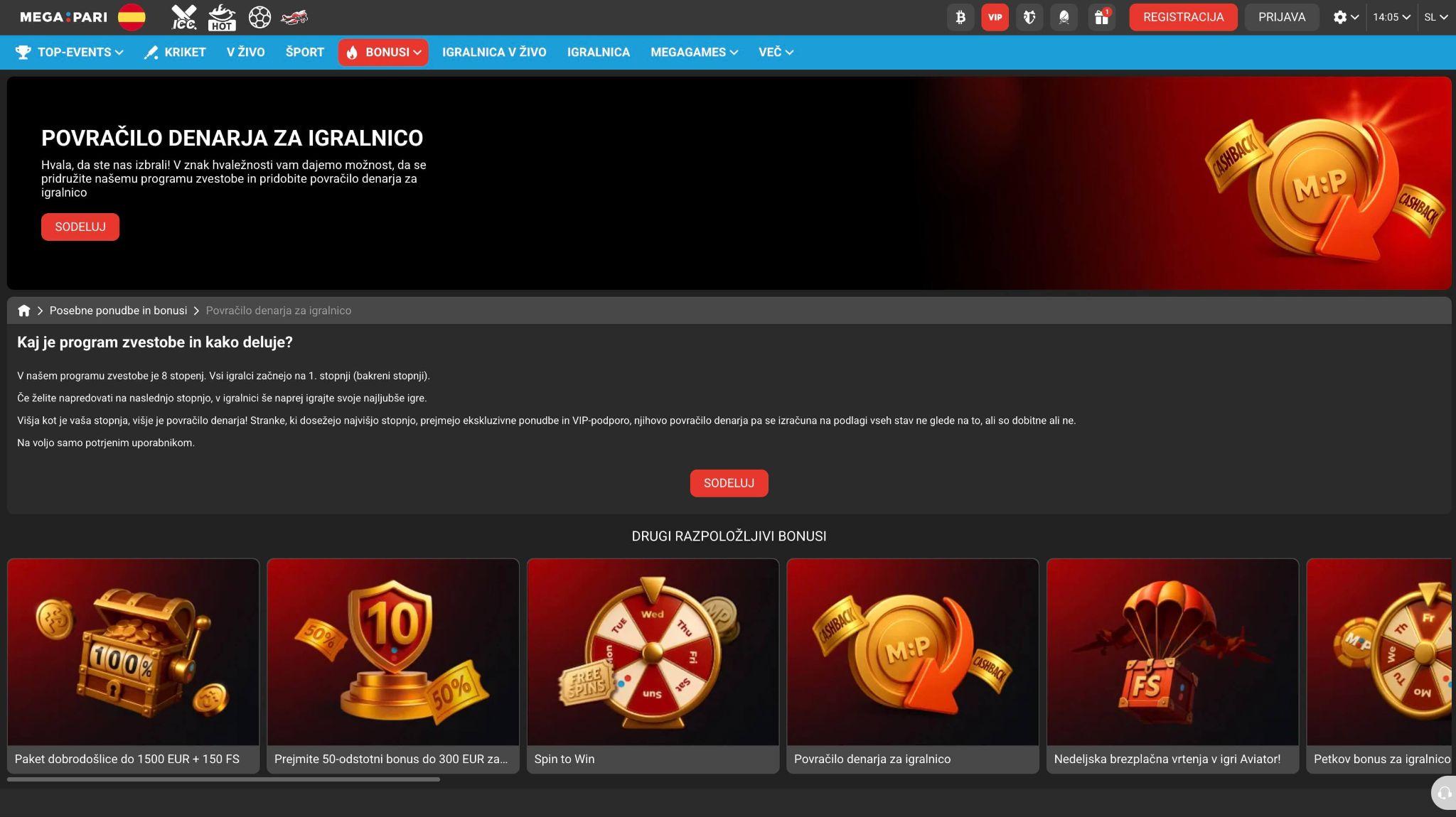 Megapari program povračila denarja in VIP cashback ugodnosti za slovenske igralce.