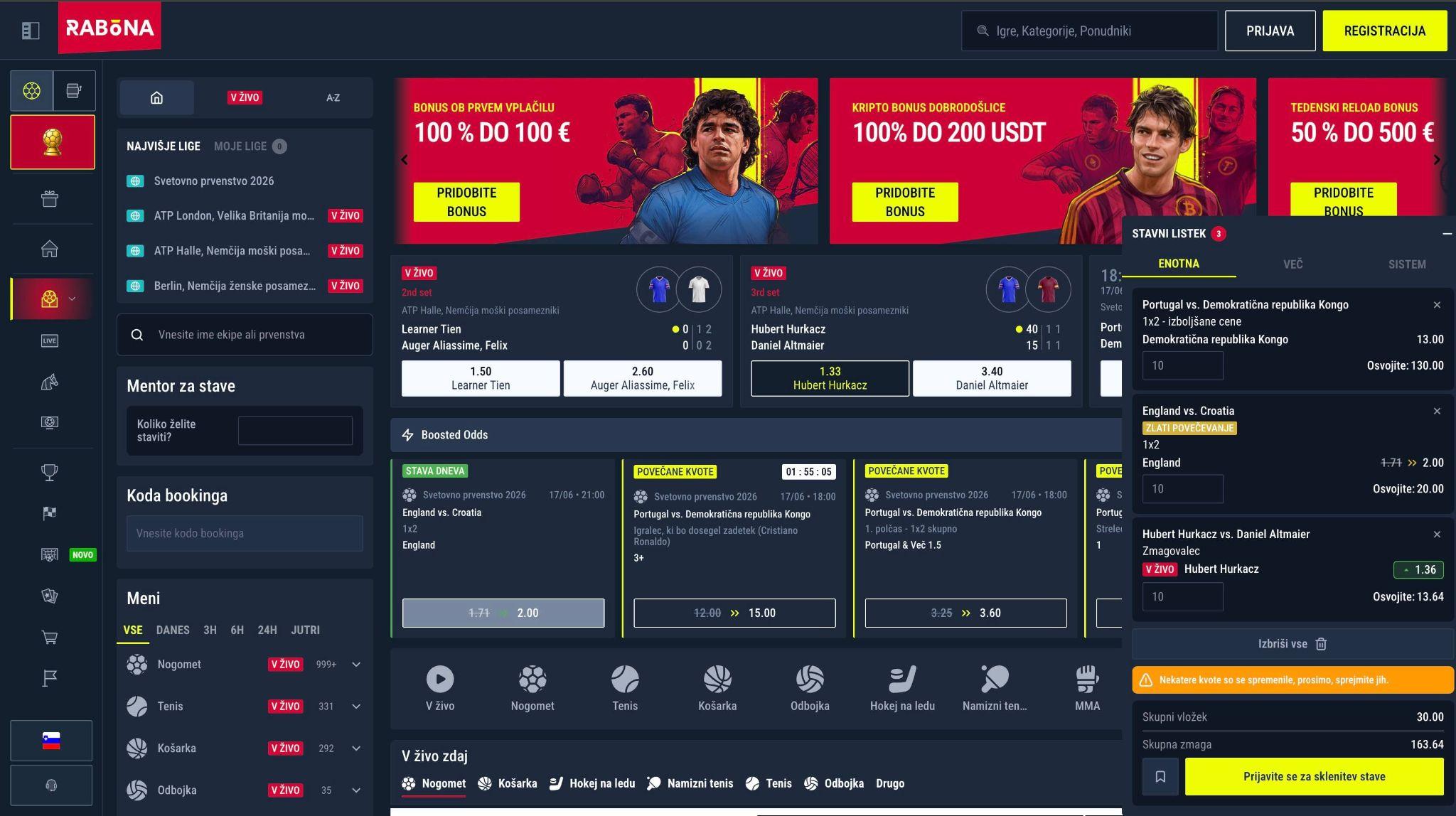 Rabona športne stave z aktivnim stavnim listkom in možnostjo upravljanja stav pred cash out izplačilom