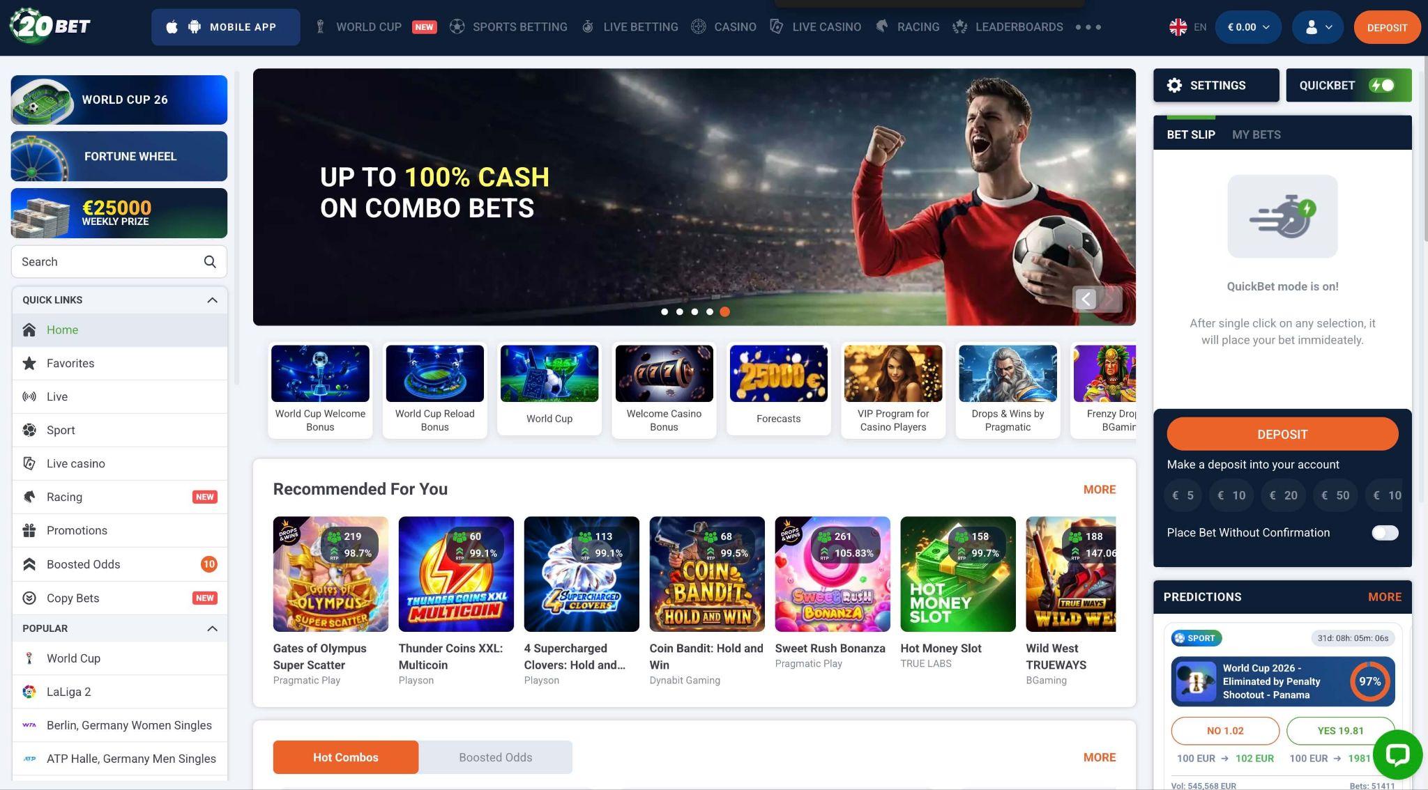 20Bet cashback promocija za kombinirane stave in športne dogodke.