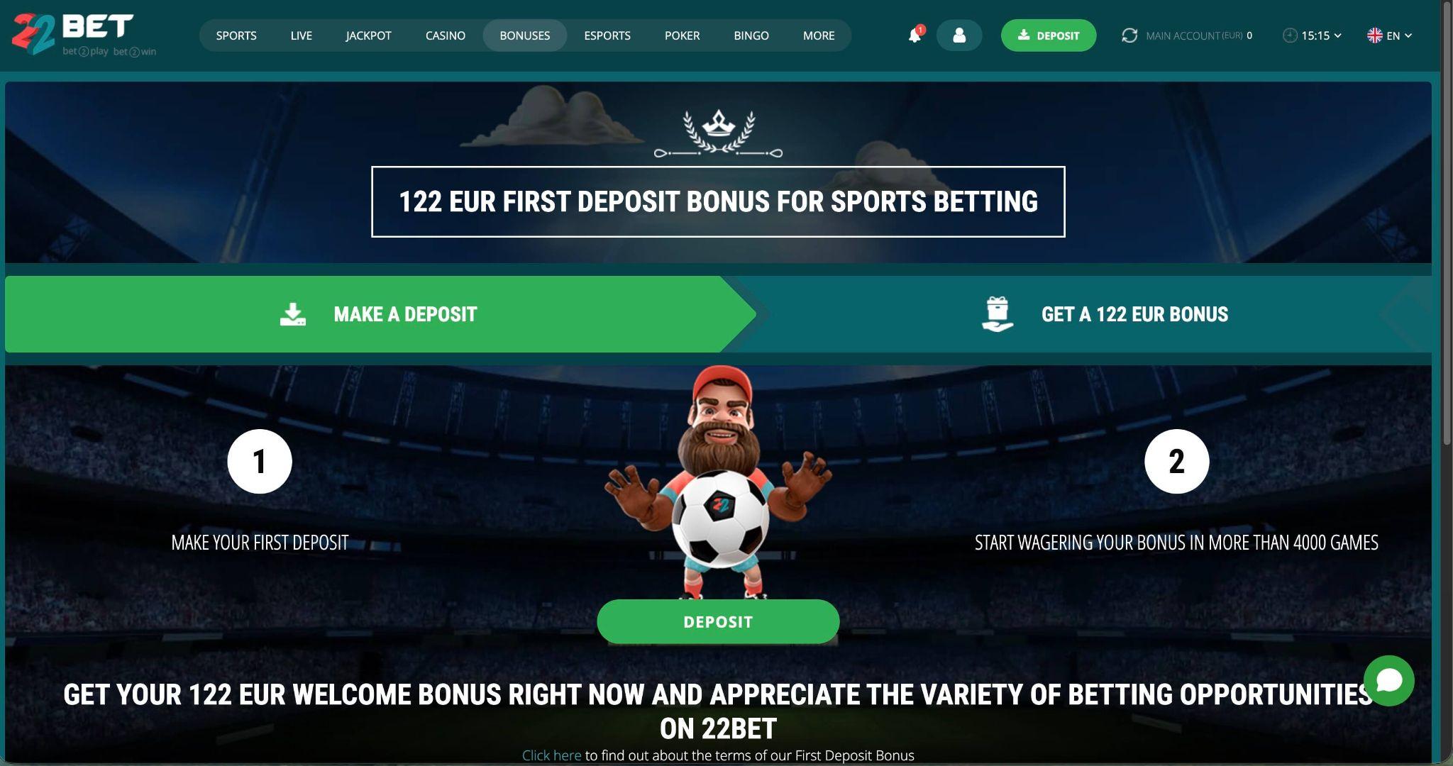Bonus 22Bet za nove uporabnike s promocijo prvega depozita in športnimi stavami