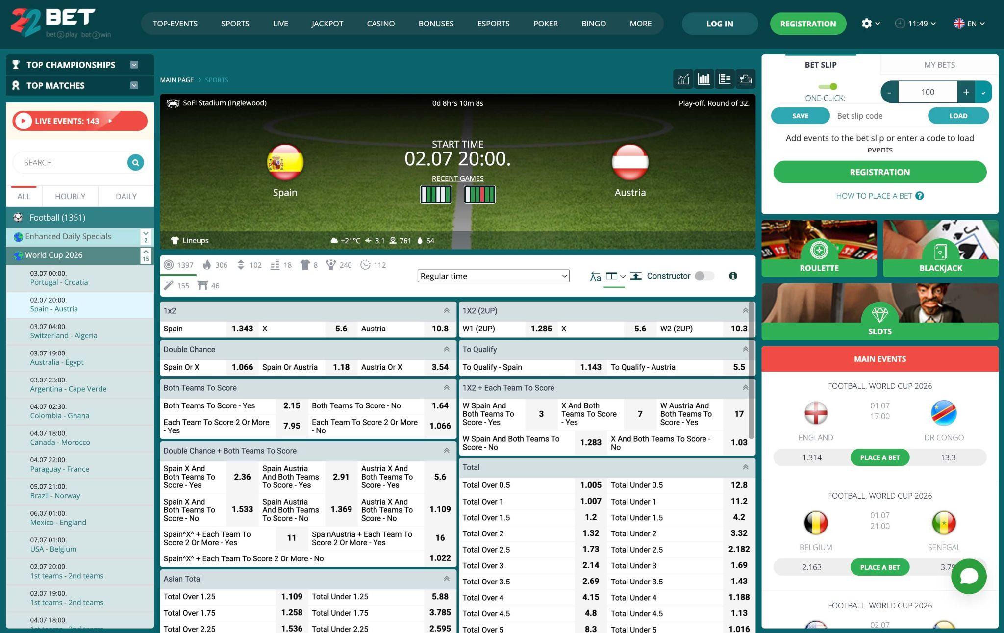 22Bet stavni listek za akumulatorske stave z več športnimi izbirami