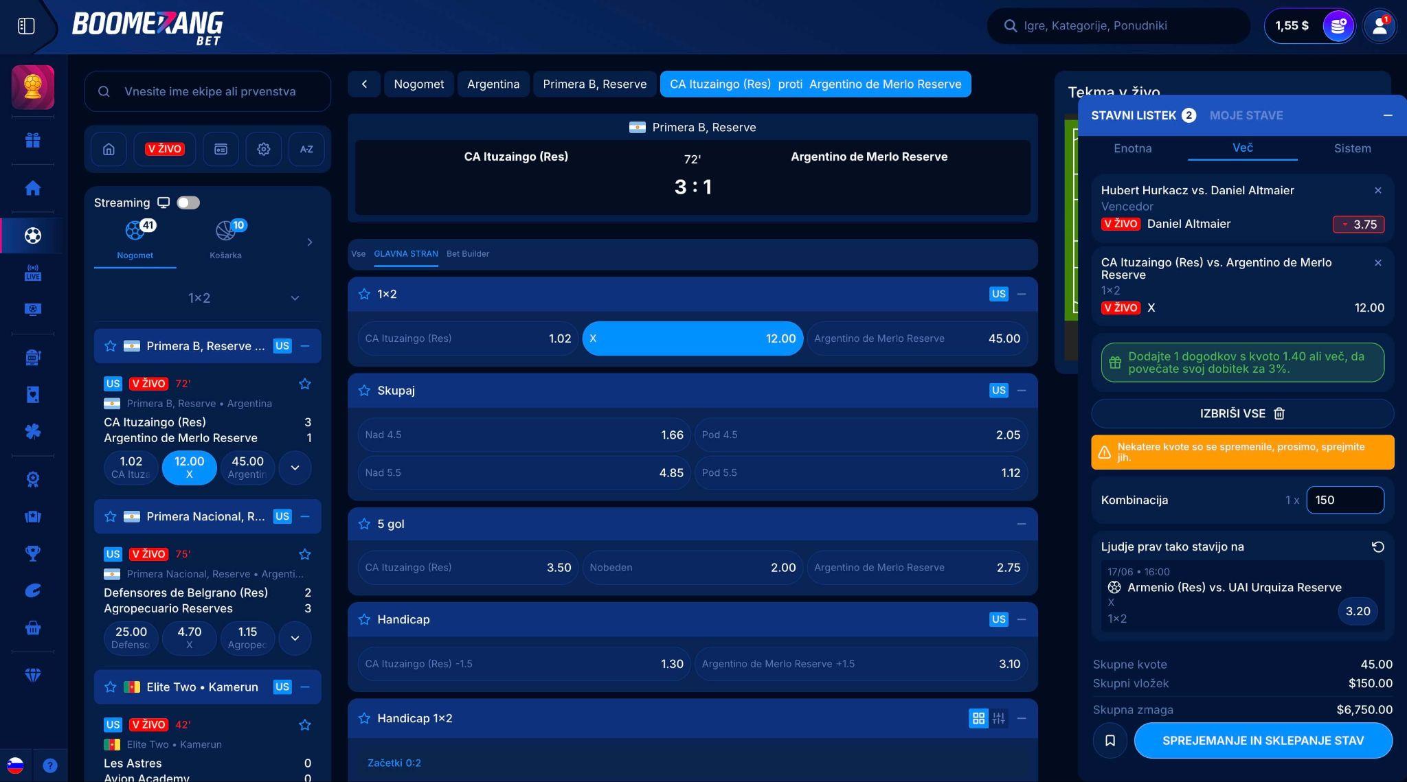 Boomerang Bet stave v živo z odprtim stavnim listkom in upravljanjem stav za predčasno izplačilo