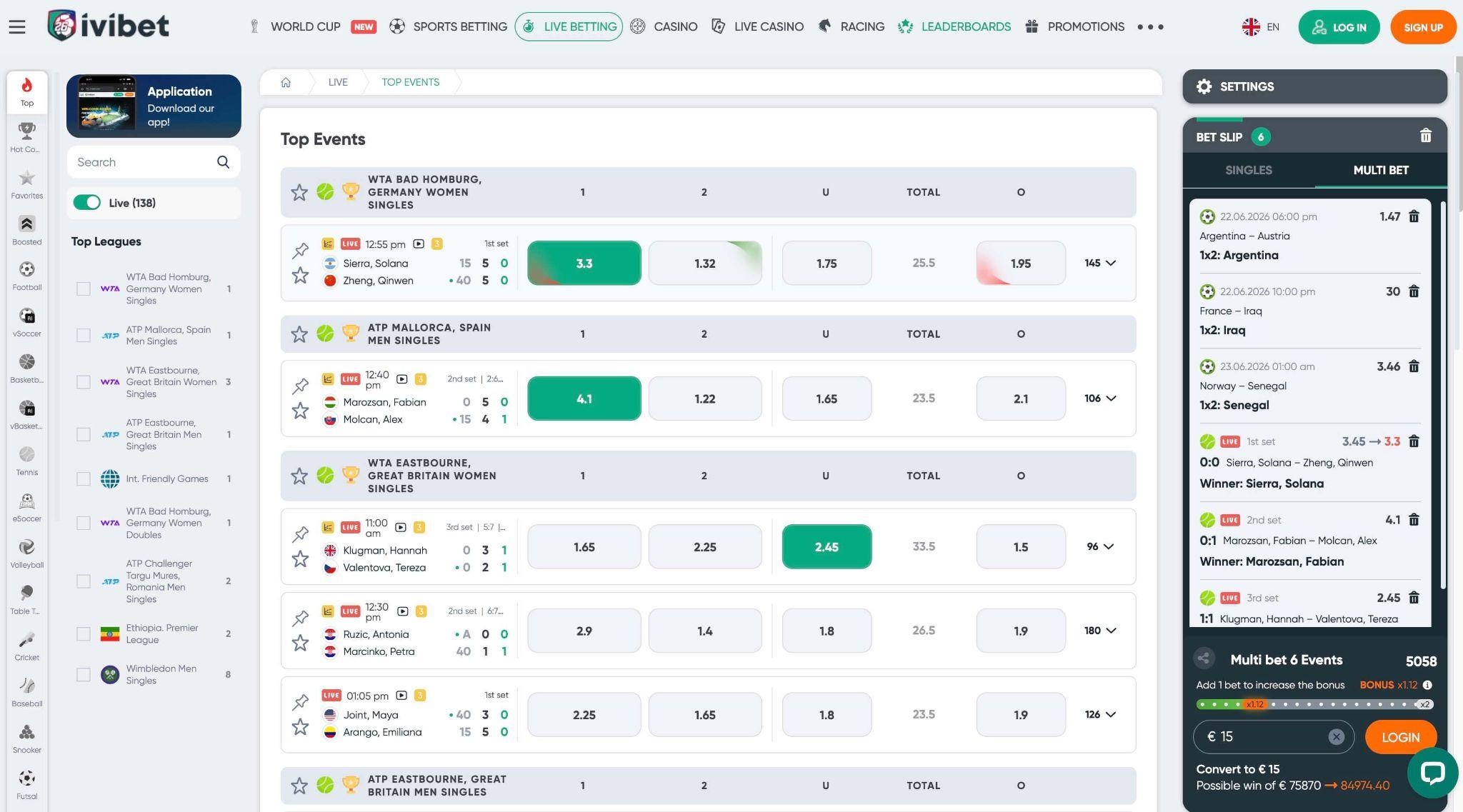 Ivibet stave v živo s sprotnim posodabljanjem kvot in teniškimi dogodki