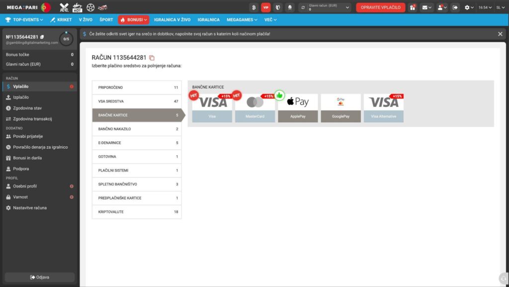 Kartična plačila Visa in Mastercard v casinoju Megapari za slovenske igralce.