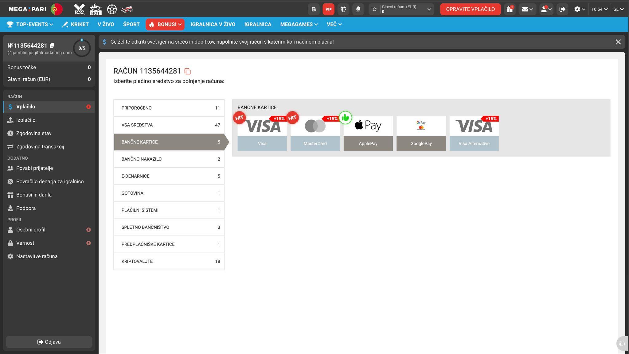 Kartična plačila Visa in Mastercard v casinoju Megapari za slovenske igralce.