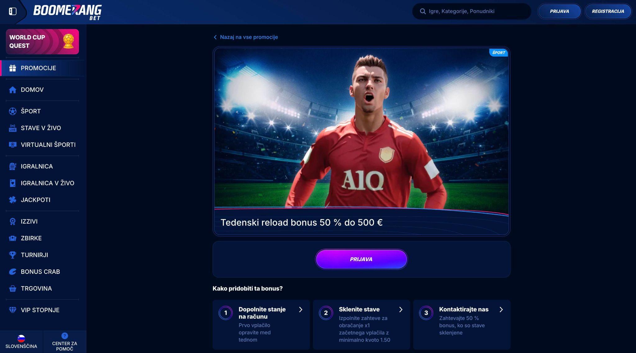Boomerang Bet tedenski reload bonus za športne stave in casino igre v Sloveniji