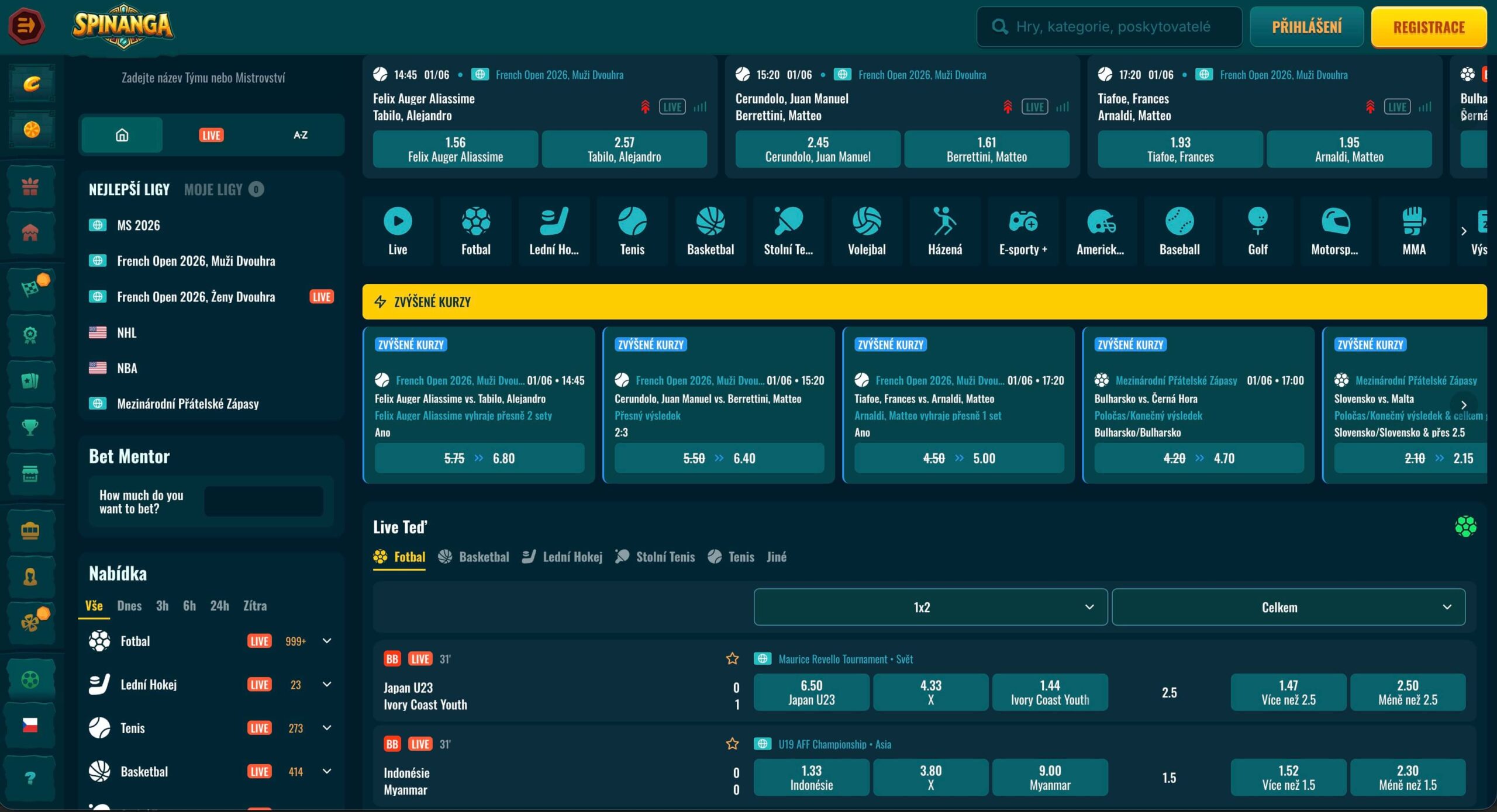 Vmesnik športnih stav v živo pri Spinanga z nogometom, tenisom in košarko ter prikazom aktualnih kvot.