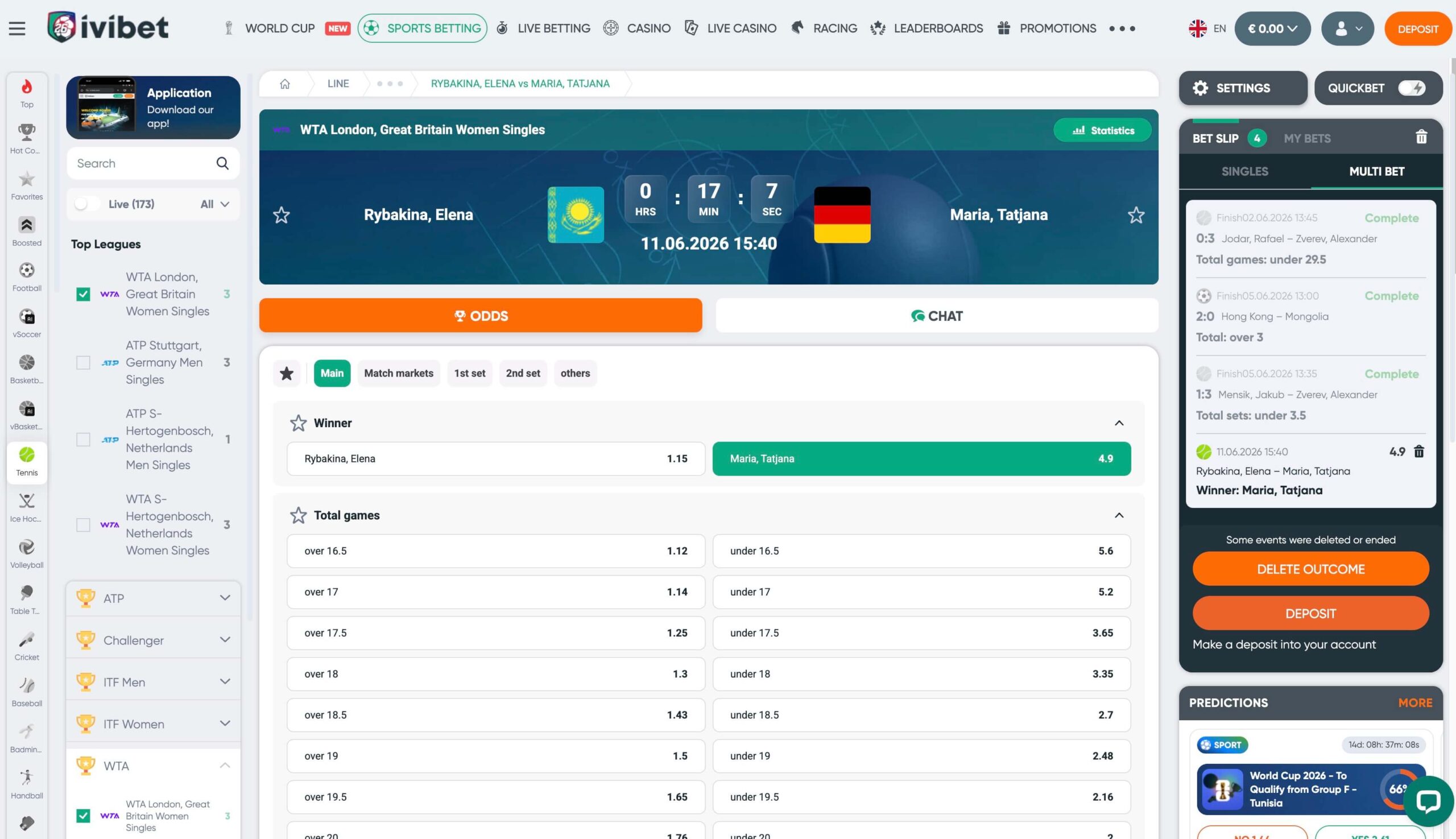 Ivibet ponudba za stave na tenis z ATP, WTA in posebnimi teniškimi trgi