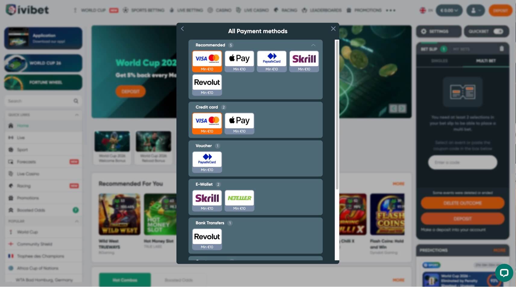 Ivibet plačilne metode z Visa, Skrill, Neteller, Paysafecard in Revolut