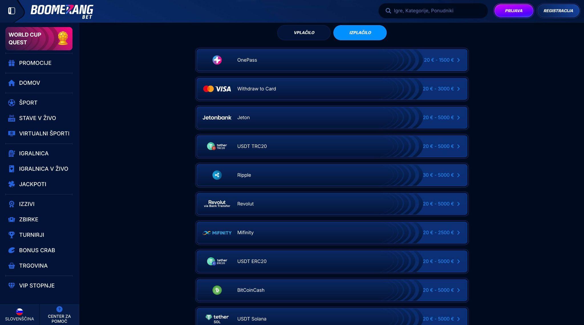 Boomerang Bet plačilne metode Visa Mastercard Skrill Neteller in druge možnosti