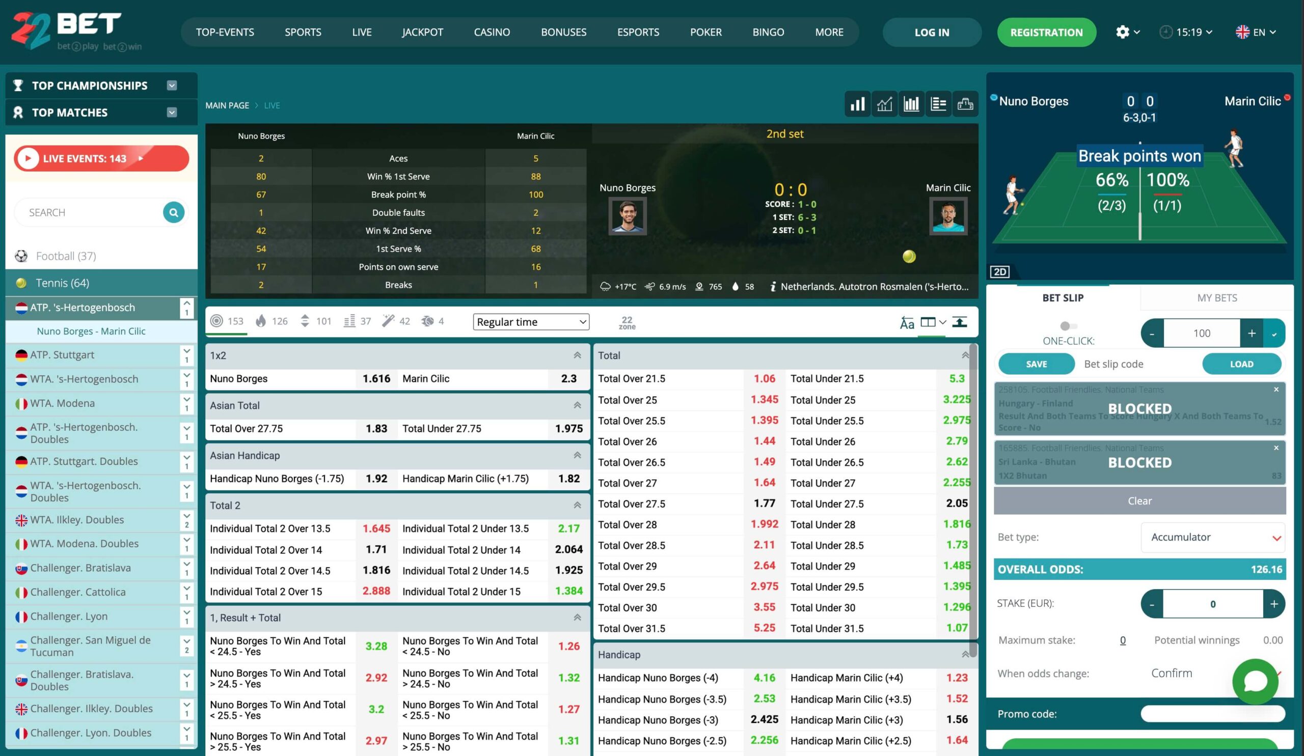 22Bet stave na tenis v živo z ATP tekmami, statistikami in live kvotami