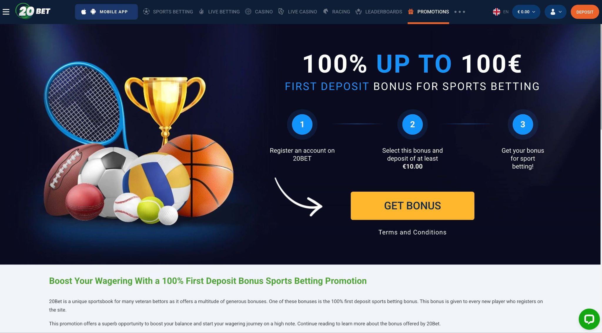 20Bet bonus prvega depozita za športne stave