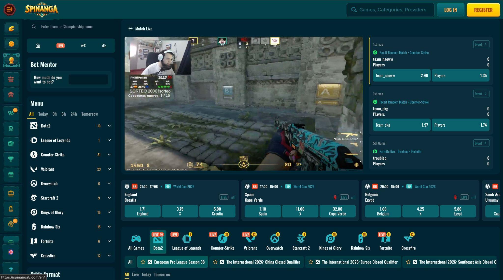 Spinanga e-šport stave v živo na Counter-Strike z video prenosom in kvotami v realnem času